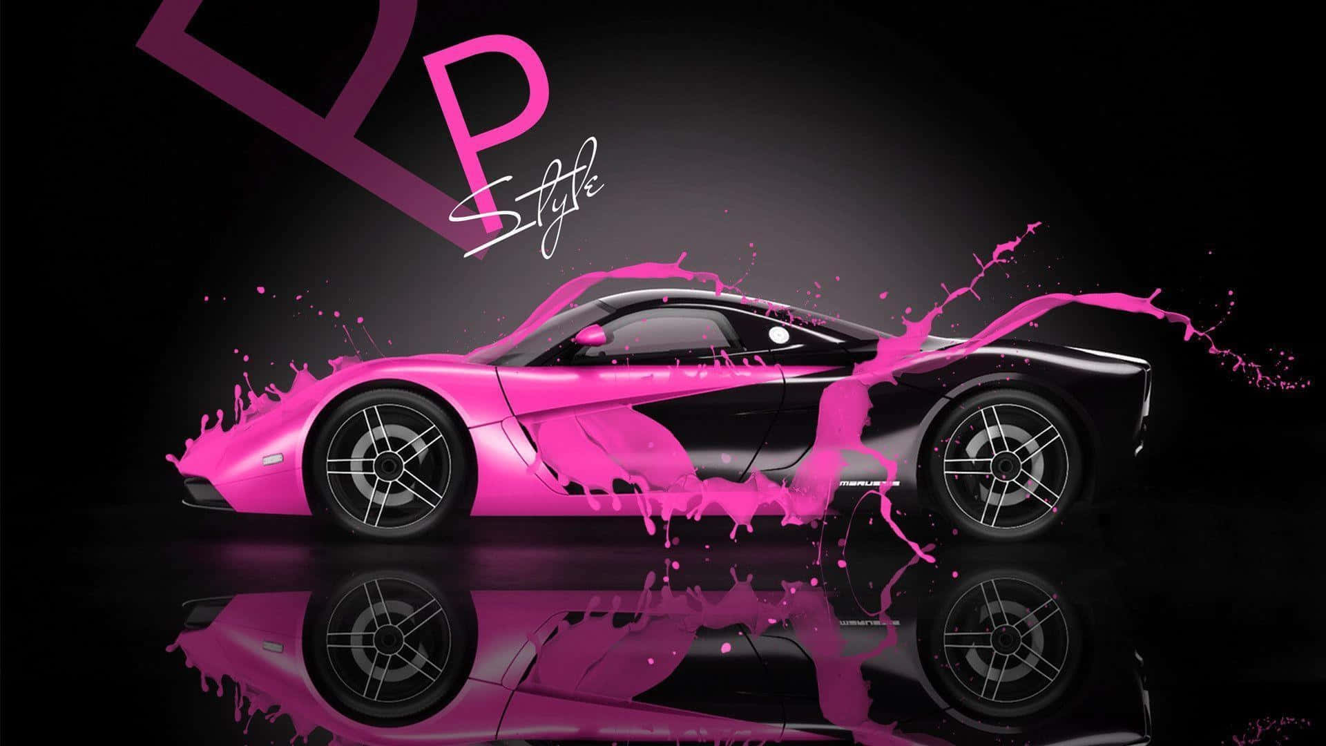 Car Design 桌布 壁紙 — 一輛時尚的黑色跑車帶有充滿活力的粉紅色油漆飛濺，在深色背景上展示，帶有光澤反射。