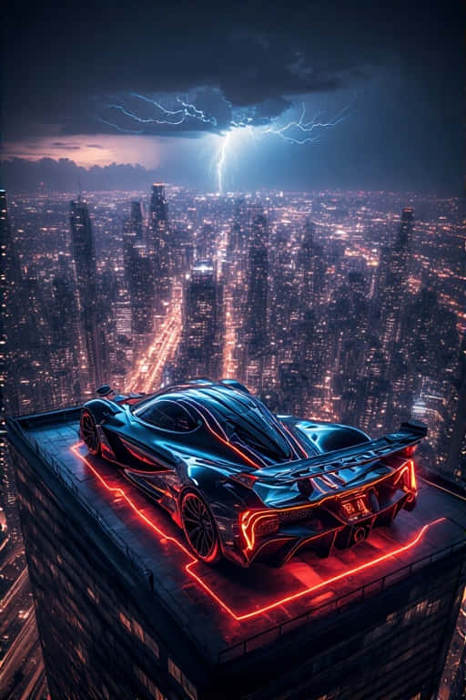 Exotic Hyper car on Neon City Rooftop Dramatic 4K 壁紙 — 一輛時尚的黑色跑車帶有發光的紅色底盤燈，停在一座摩天大樓的屋頂上，俯瞰著被閃電擊中的霓虹城市夜景。