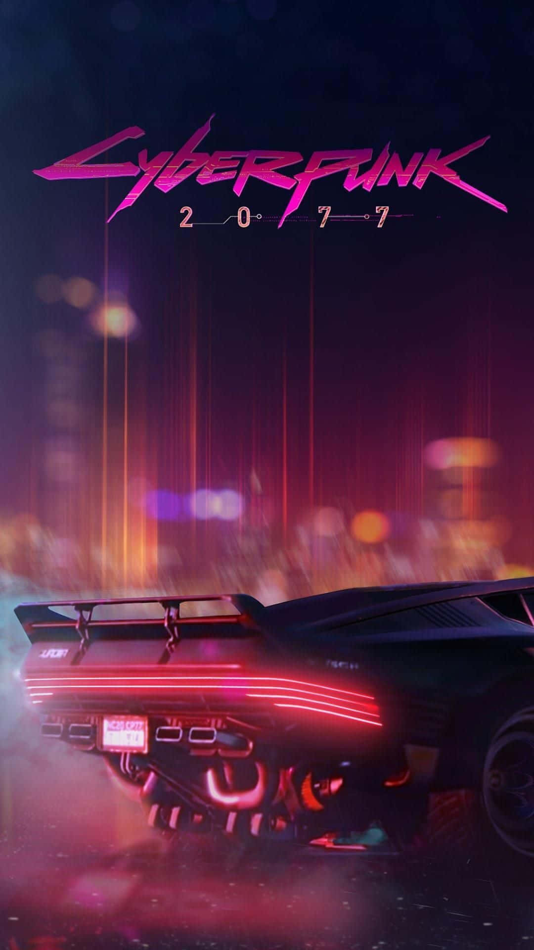 電馭叛客2077 桌布 壁紙 — 一輛時尚的黑色跑車帶有發光的紅色霓虹燈，在夜晚穿過潮濕的霓虹浸染的賽博朋克城市。