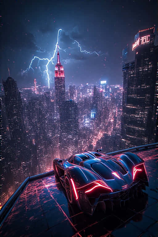 Exotic Hyper car on Neon City Rooftop Dramatic 4K 壁紙 — 一輛時尚的黑色跑車帶有發光的紅色尾燈，停在天台上，俯瞰著被閃電擊中的霓虹燈城市景觀。