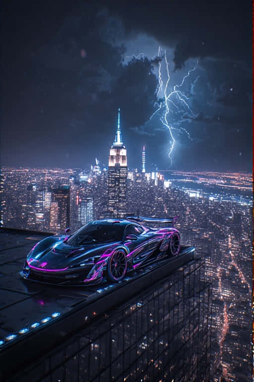 Exotic Hyper car on Neon City Rooftop Dramatic 4K 壁紙 — 一輛時尚的黑色跑車帶有發光的紫色點綴，停在一個屋頂上，俯瞰著被閃電擊中的紐約市天際線夜景。