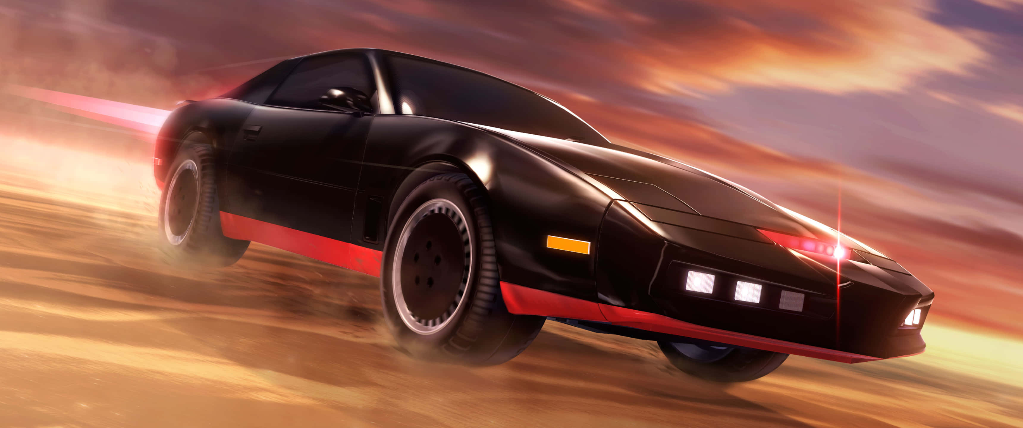 3440x1440p Rocket League 桌布 壁紙 — 一輛時尚的黑色跑車帶有紅色點綴，在日落時分飛馳穿過沙漠，散發出火紅的光芒。