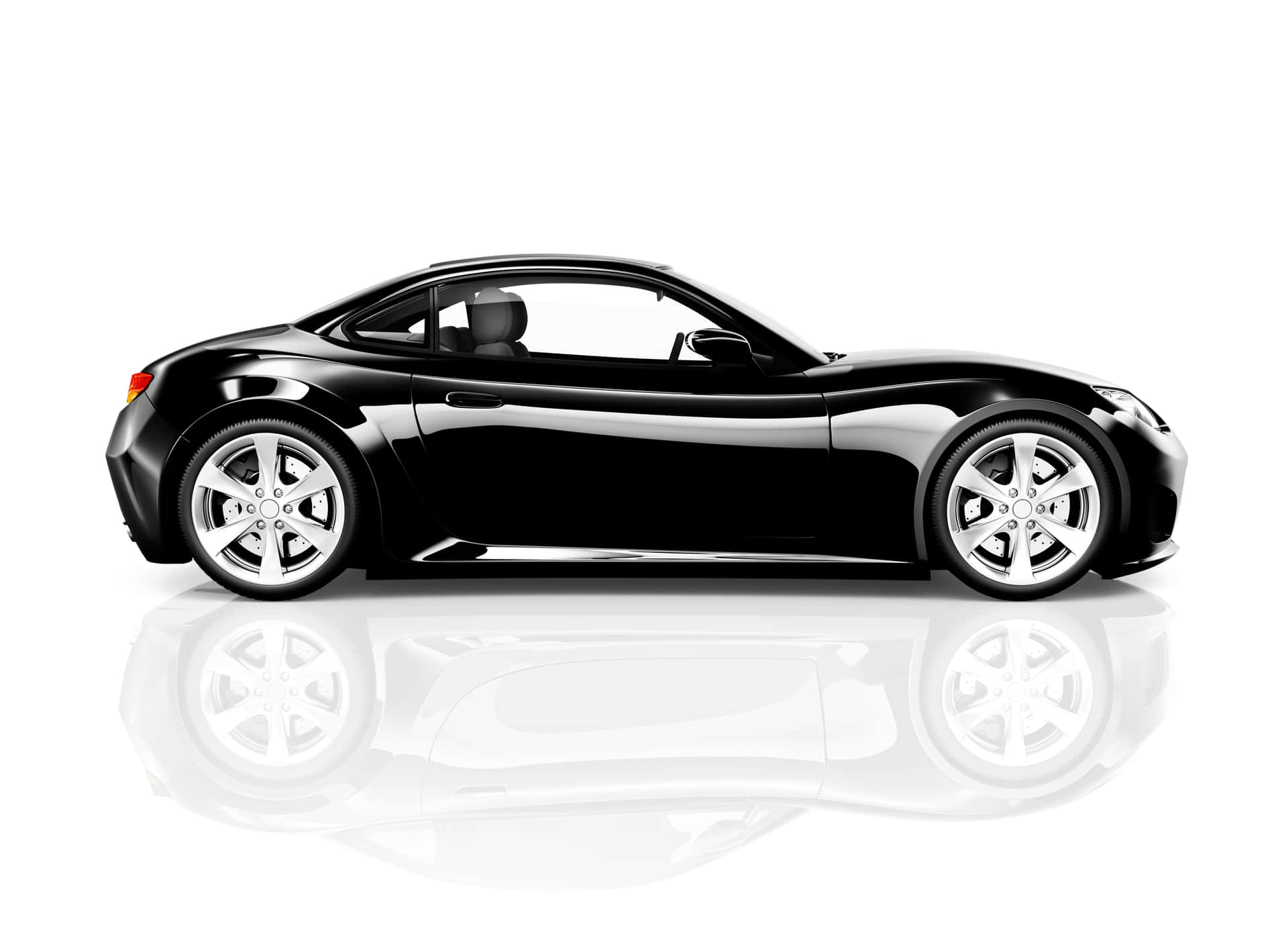 Black Sports Car 壁紙 — 一輛時尚的黑色跑車配銀色輪圈，在白色背景上以側面輪廓展示，下方有反射表面。