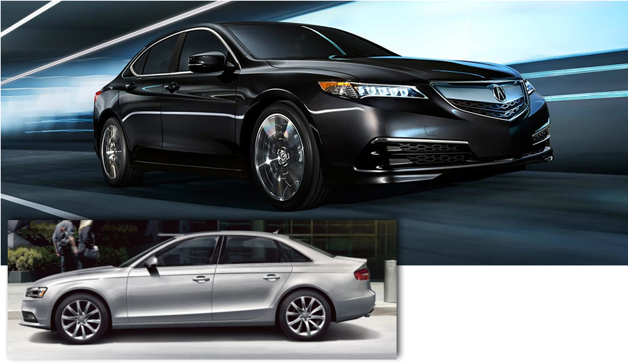 Acura 桌布 壁紙 — 一輛時尚的黑色轎車在帶有發光藍色條紋的未來感隧道中疾馳，而一輛銀色轎車則顯示在單獨的插圖中。