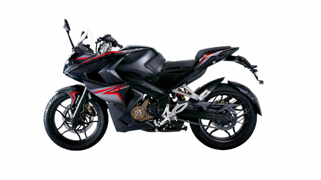 Racing 桌布 壁紙 — 一輛時尚的黑色運動機車，帶有紅色點綴和銀色機械細節，在白色背景上以側面展示。
