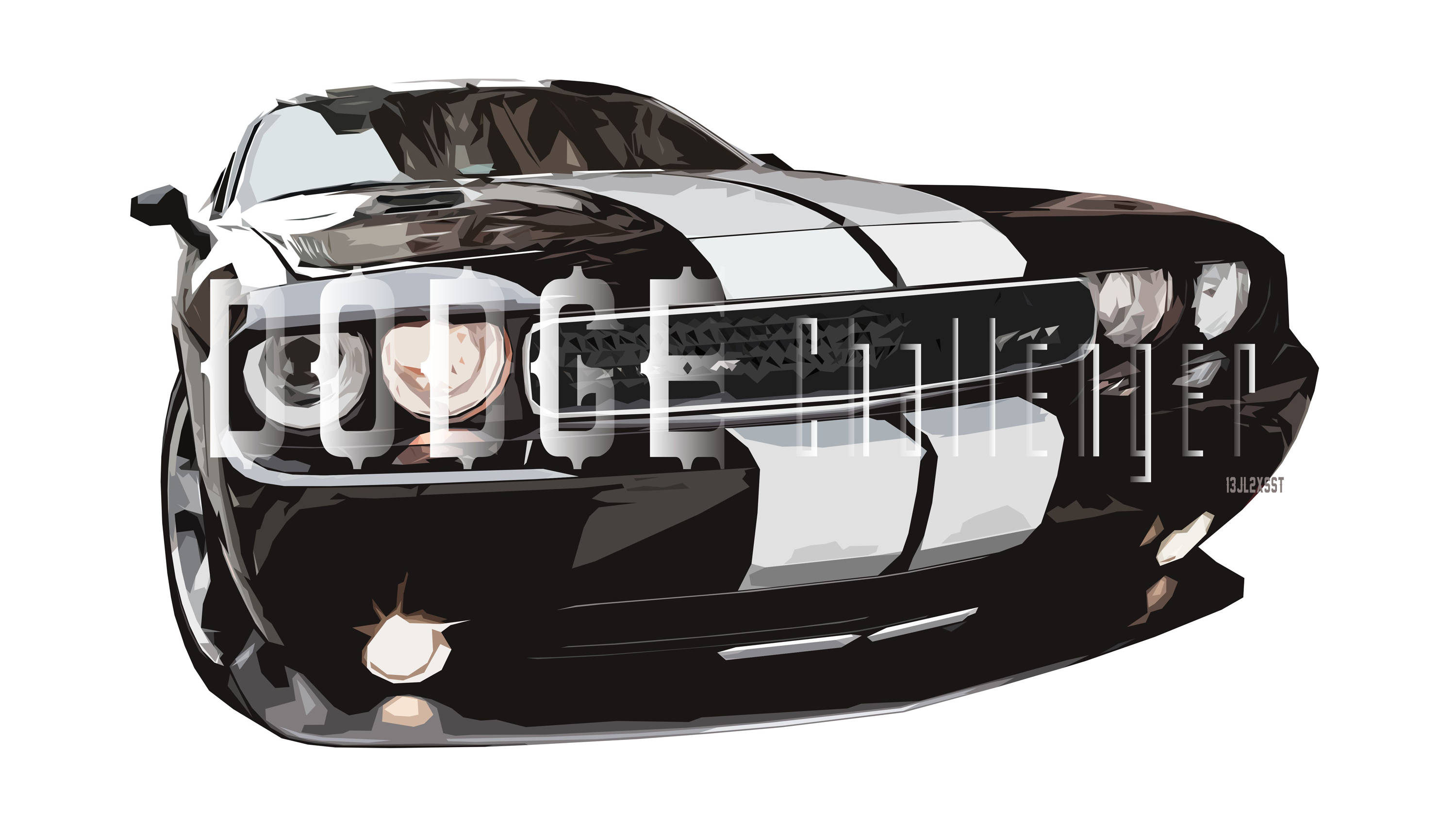 Challenger 桌布 壁紙 — 一輛時尚的黑色道奇挑戰者，帶有白色賽車條紋，以風格化的數位插圖呈現。