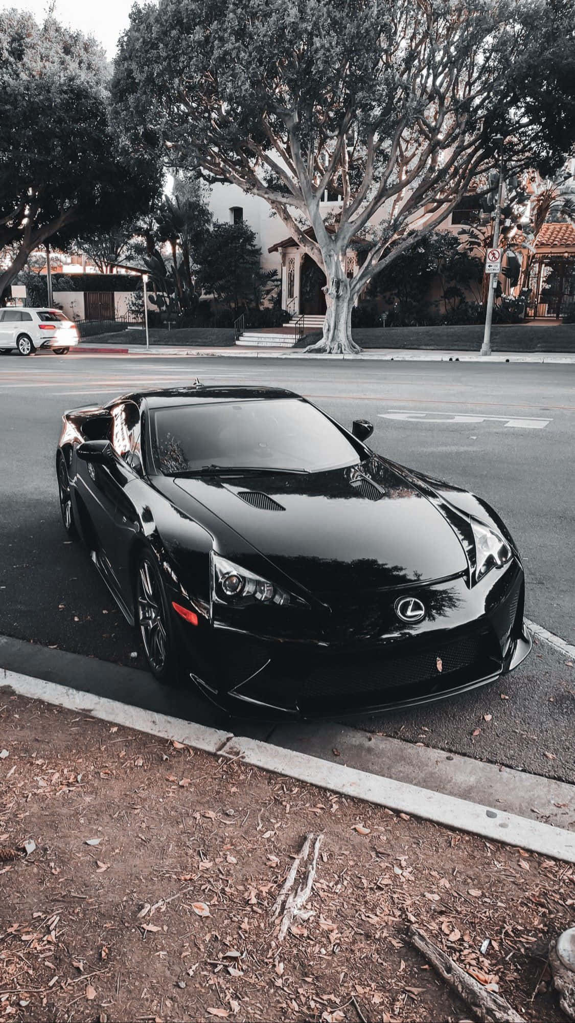Lexus Lfa 桌布 壁紙 — 一輛時尚的黑色雷克薩斯跑車停在綠樹成蔭的街道上，色調柔和，陰影柔軟。