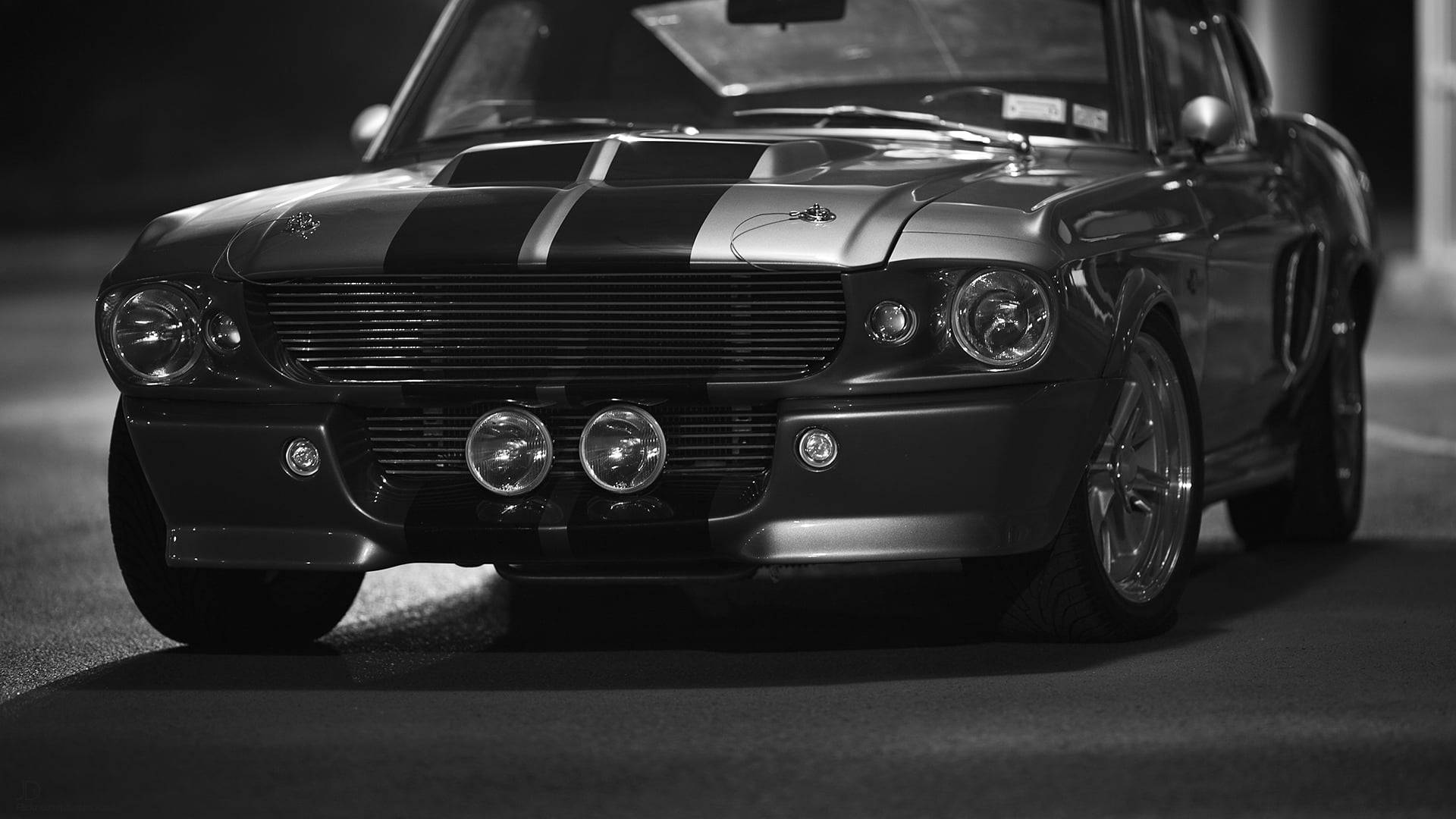 Ford Mustang 桌布 壁紙 — 一輛時尚經典肌肉車帶有醒目條紋，在單色拍攝中於戲劇性燈光下閃耀。