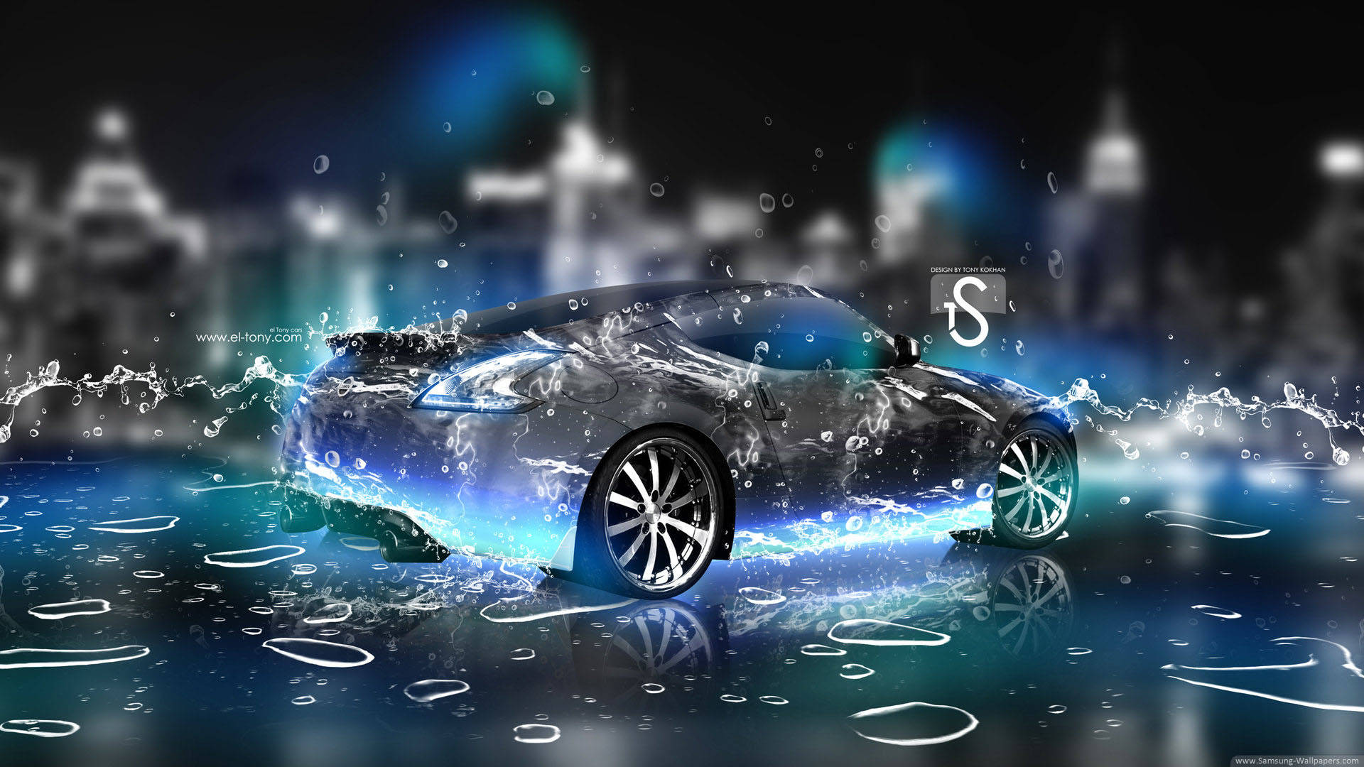 酷炫桌面 桌布 壁紙 — 一輛時尚跑車在夜晚從發光的藍色水中浮現，背景是模糊的城市天際線。