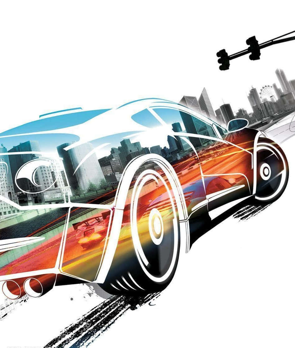Grid Autosport 桌布 壁紙 — 一輛時尚跑車在鮮明的動態模糊和塗鴉風格線條襯托下，於純白背景的城市景觀中疾馳。