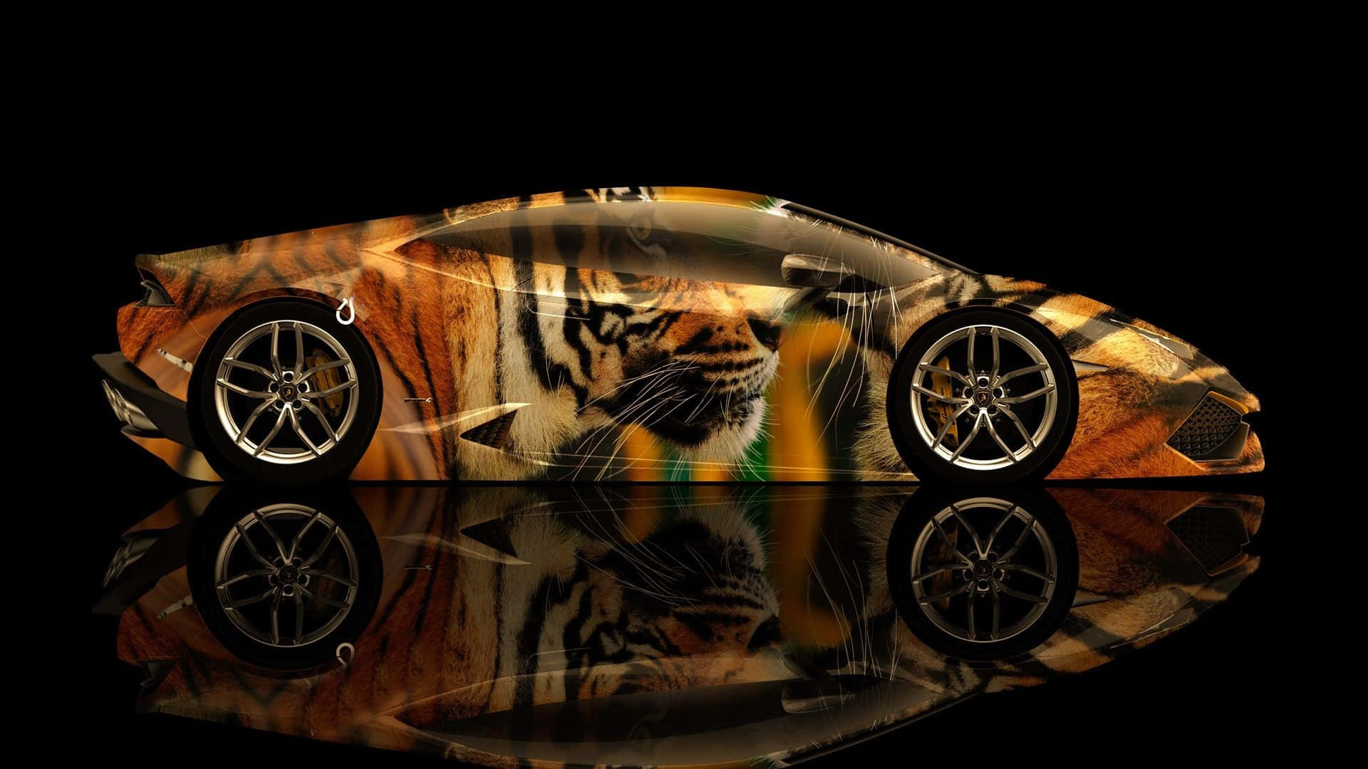 Car Design 桌布 壁紙 — 一輛時尚跑車帶有老虎面孔貼膜，在黑色背景上閃耀著光澤反射。