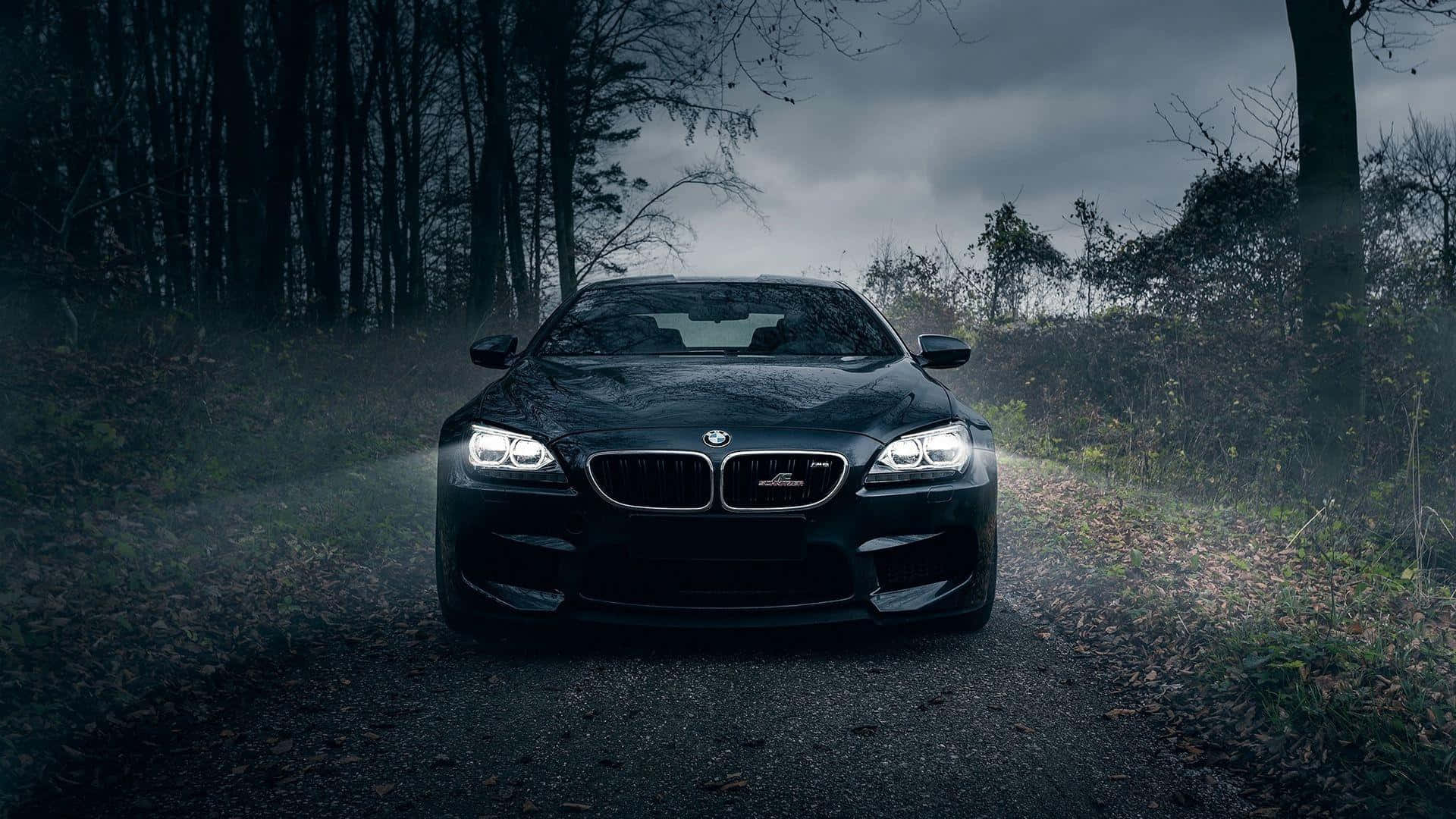 Bmw Cars 桌布 壁紙 — 一輛時尚黑色BMW M6跑車，亮著車頭燈，在昏暗風暴天空下的迷霧森林小徑中穿梭。