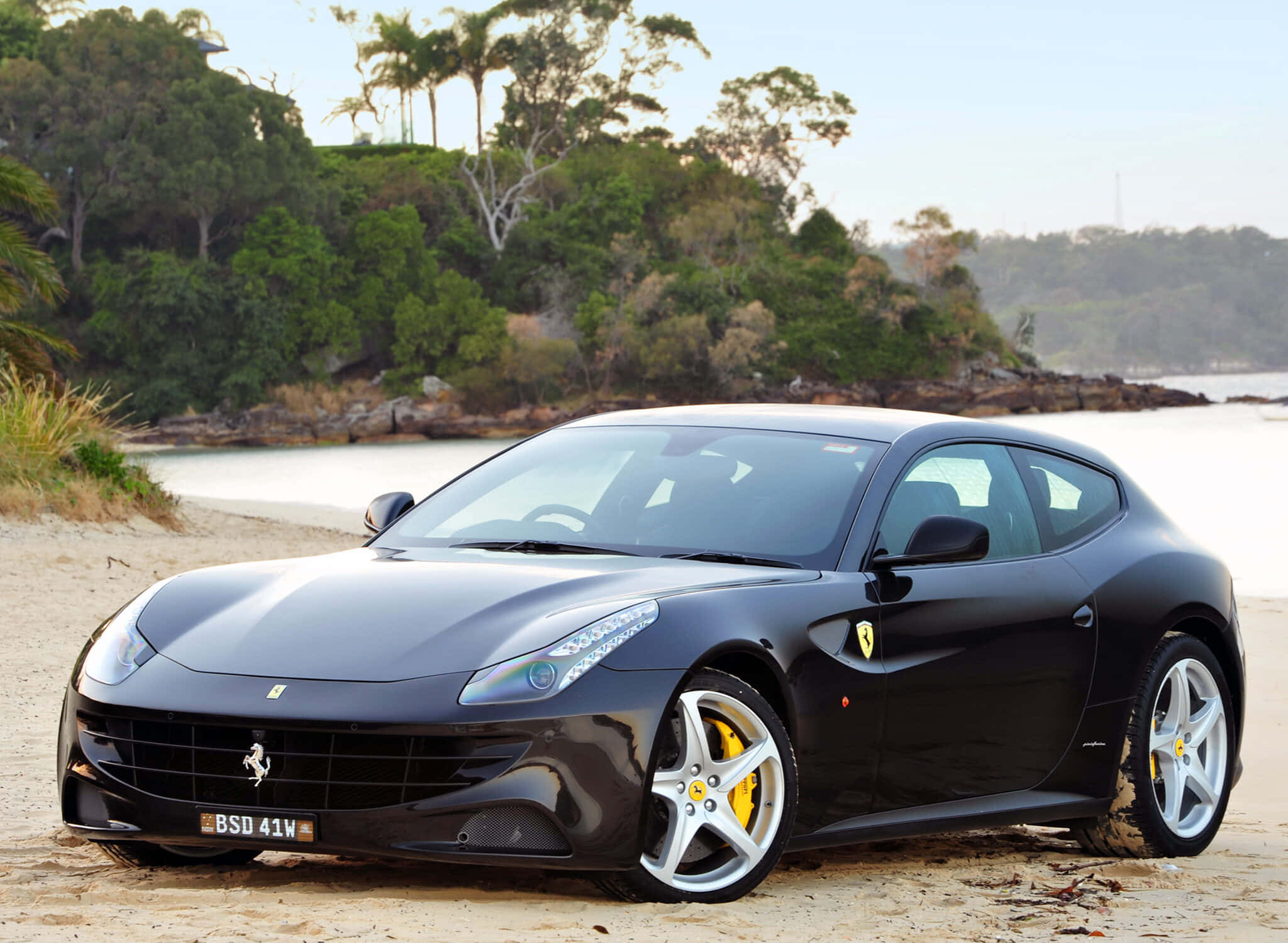 Ferrari Ff 桌布 壁紙 — 一輛時尚黑色法拉利停泊在沙灘上，背景有棕櫚樹和水。