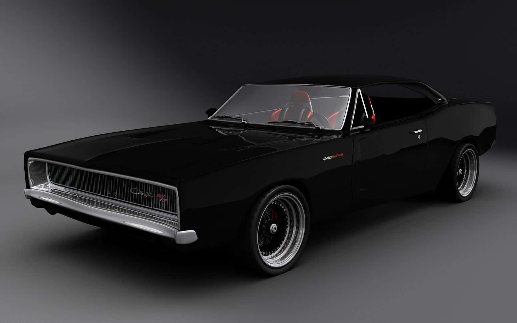 Dodge Charger 桌布 壁紙 — 一輛時尚黑色經典肌肉車，配備鍍鉻飾邊和紅色內飾，在深色攝影棚背景下蓄勢待發。