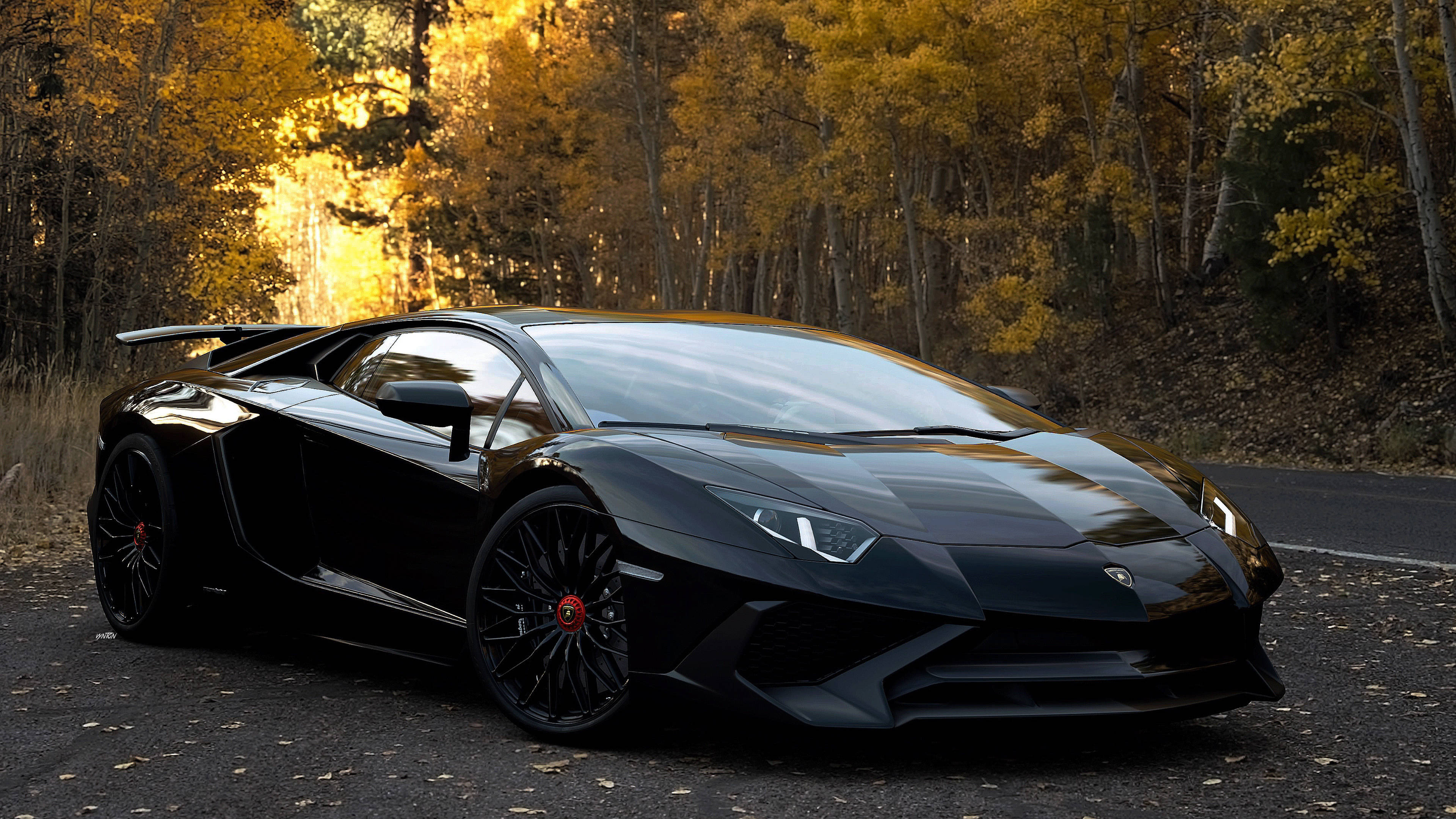 Lamborghini 4K 桌布 壁紙 — 一輛時尚黑色藍寶堅尼Aventador停放在森林道路上，周圍環繞著金黃色的秋樹。