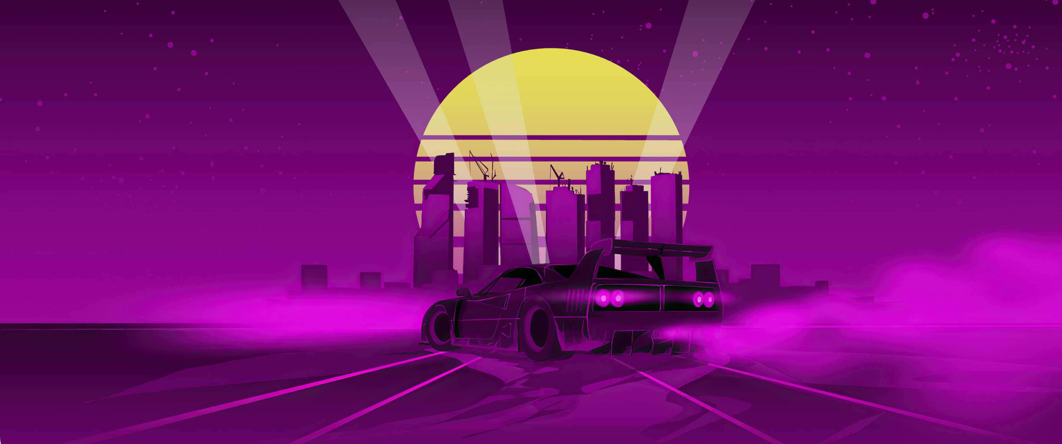 汽車 桌布 壁紙 — 一輛時尚黑色跑車在發光的黃色太陽下，穿過霓虹紫色的賽博龐克城市景觀。