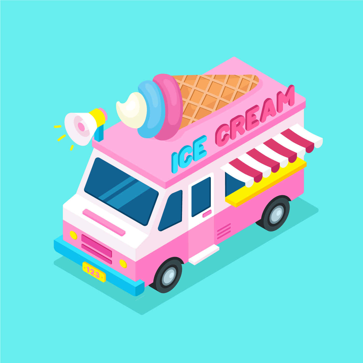 Ice Cream Truck 桌布 壁紙 — 一輛有趣的粉紅色冰淇淋車，帶有巨大的甜筒屋頂和條紋遮陽篷，背景為藍綠色。