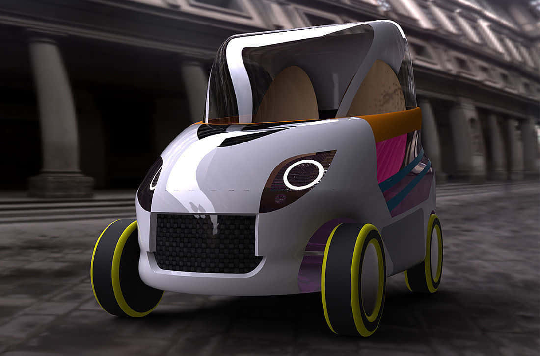 Car Model 桌布 壁紙 — 一輛未來主義的白色概念車，配備黃色車輪和色彩繽紛的點綴，行駛在柱廊式城市結構下。