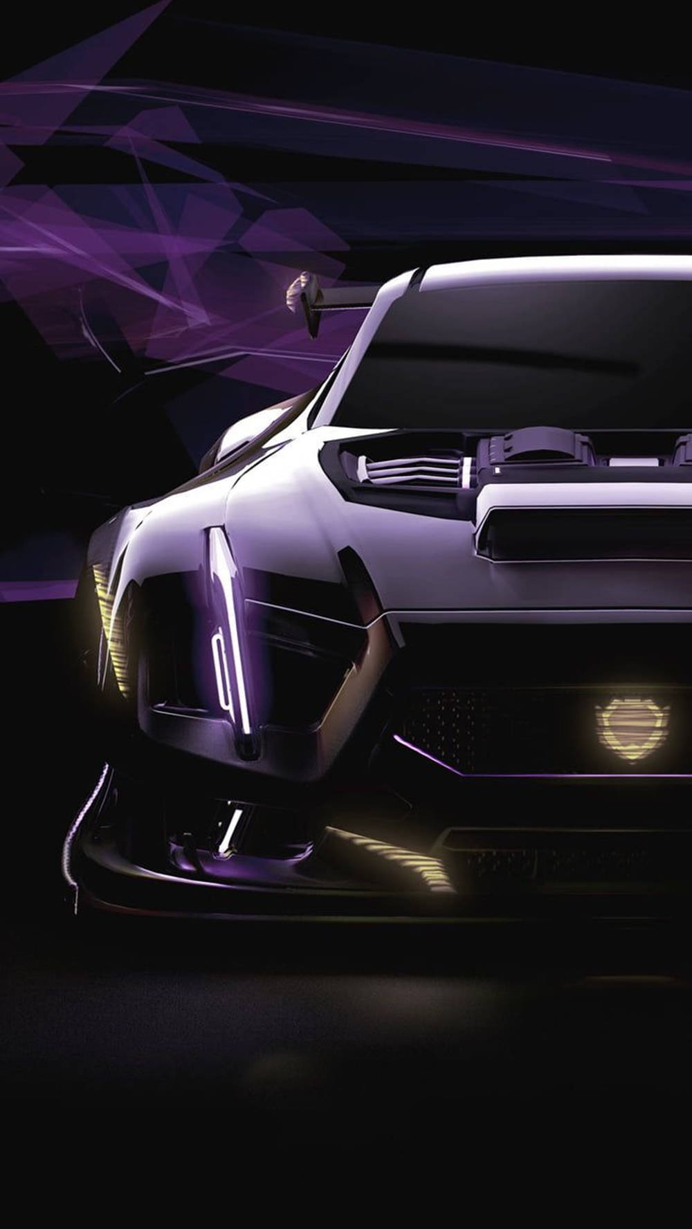 Rocket League Phone 桌布 壁紙 — 一輛未來主義的白色跑車，帶有發光的紫色和黃色燈光，主導了黑暗的抽象背景。