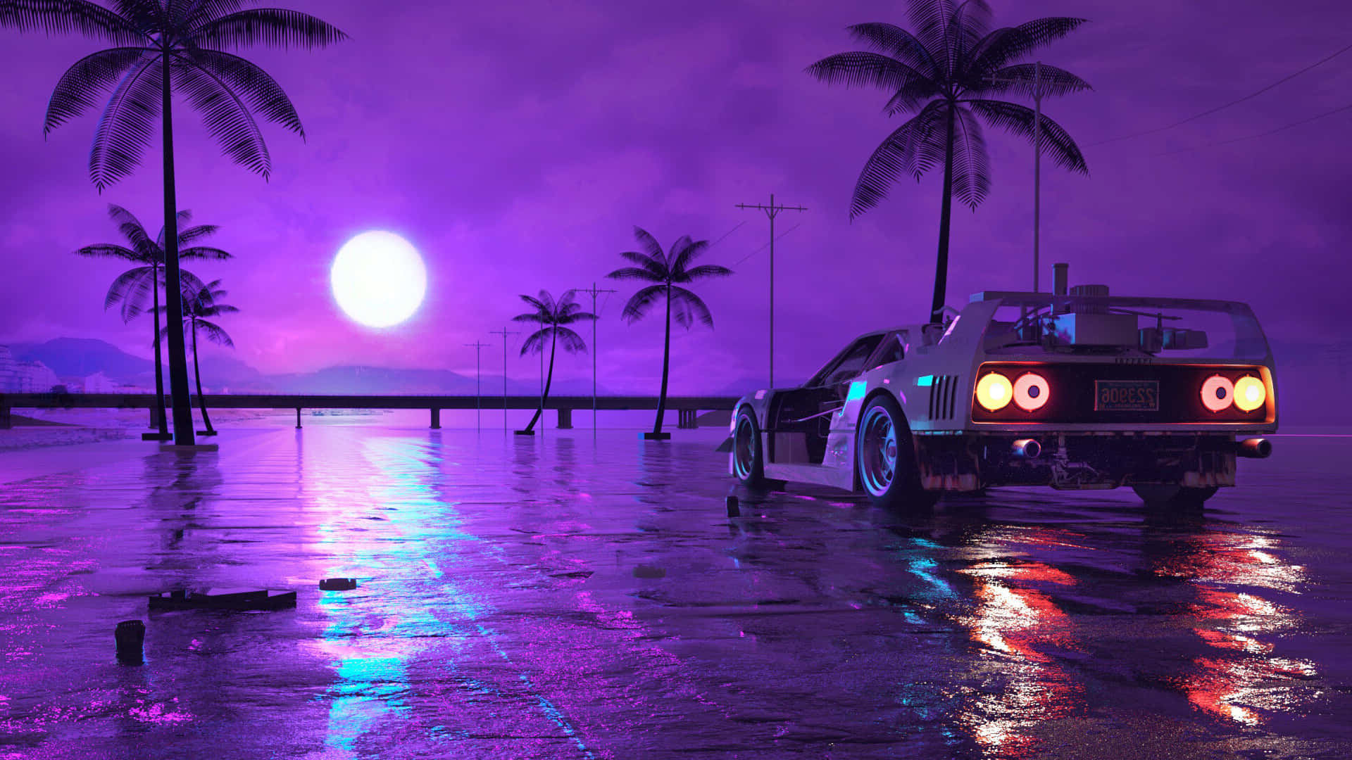 1920 X 1080 Car 桌布 壁紙 — 一輛未來主義的跑車在霓虹燈閃爍的濕沙灘上發光，周圍環繞著棕櫚樹，上方懸掛著巨大的紫色月亮。