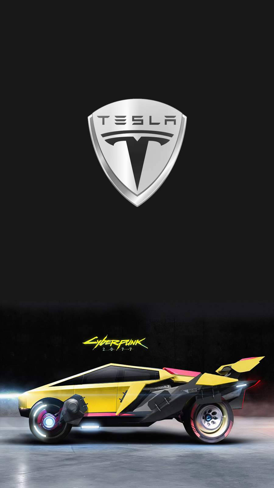 iPhone 桌布 壁紙 — 一輛未來主義的黃色 Tesla Cybertruck，帶有發光車輪和銀色標誌，背景為深色。