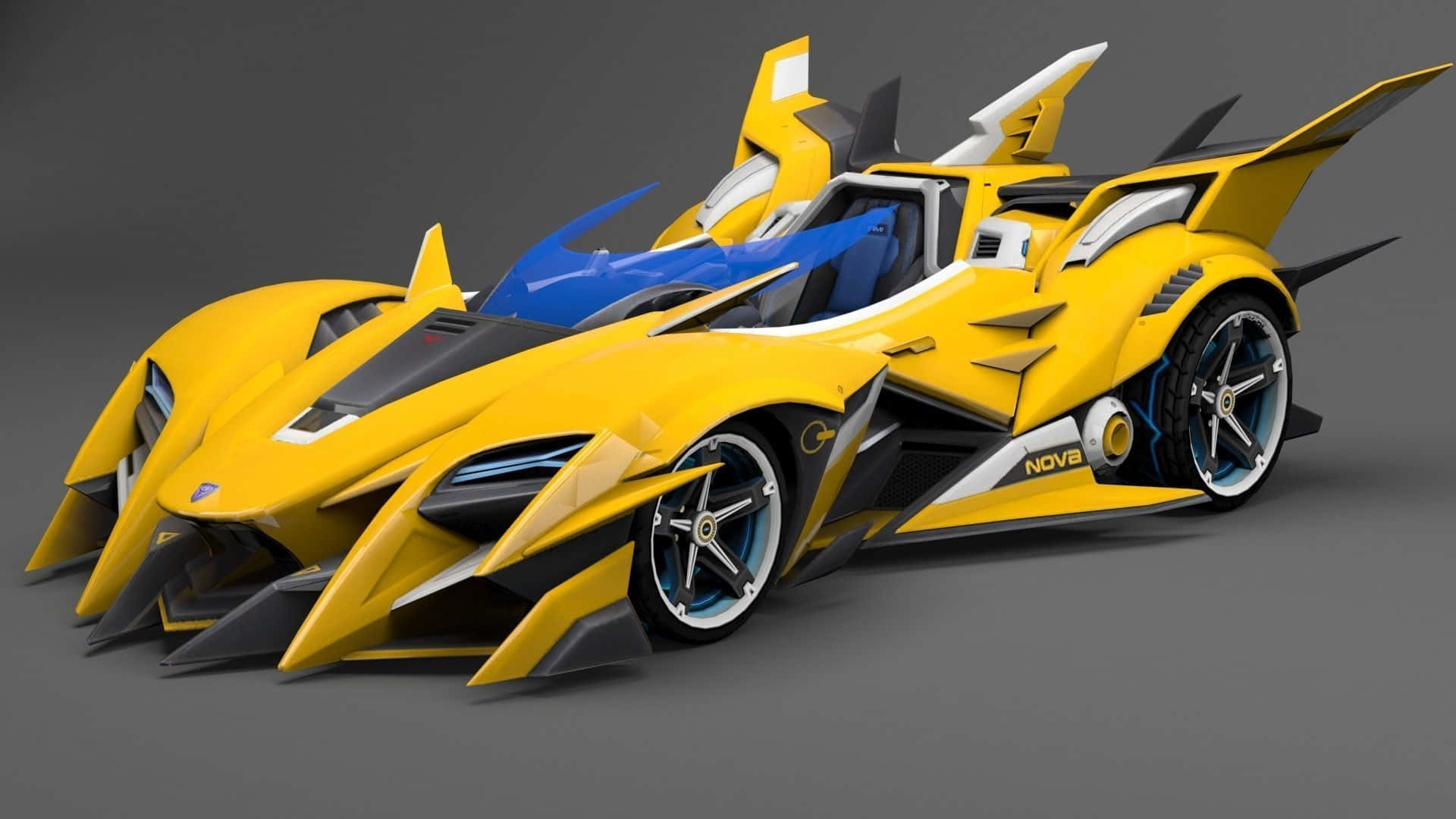 Car Model 桌布 壁紙 — 一輛未來主義的黃黑賽車，帶有藍色點綴和銳利的角度設計，置於灰色工作室背景上。