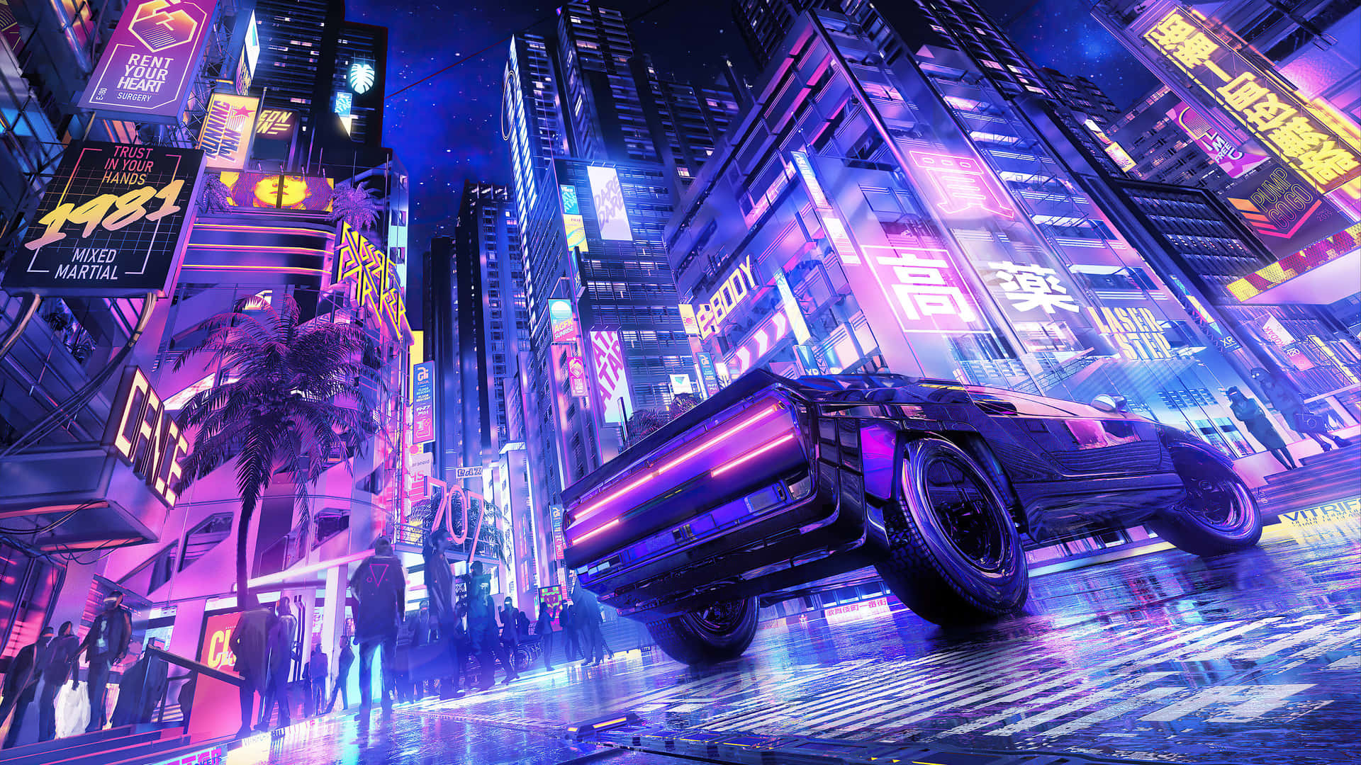 Cyberpunk Laptop 桌布 壁紙 — 一輛未來主義的黑色跑車在夜晚滑過充滿霓虹燈的賽博龐克城市景觀，伴隨著發光的廣告牌和潮濕反光的街道。