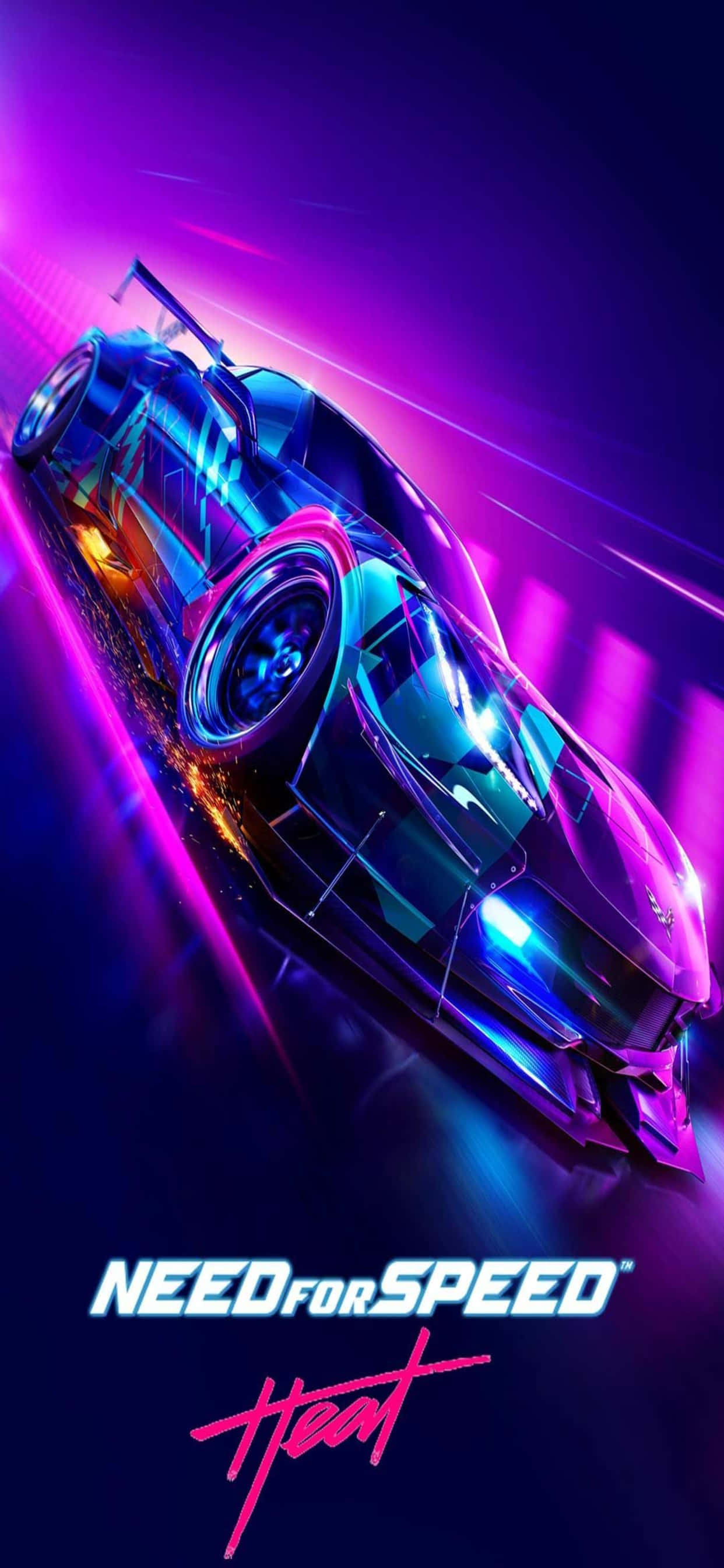 Game Art 桌布 壁紙 — 一輛未來主義賽車在霓虹燈照亮的夜晚滑行，紫色和藍色的發光軌跡掠過。