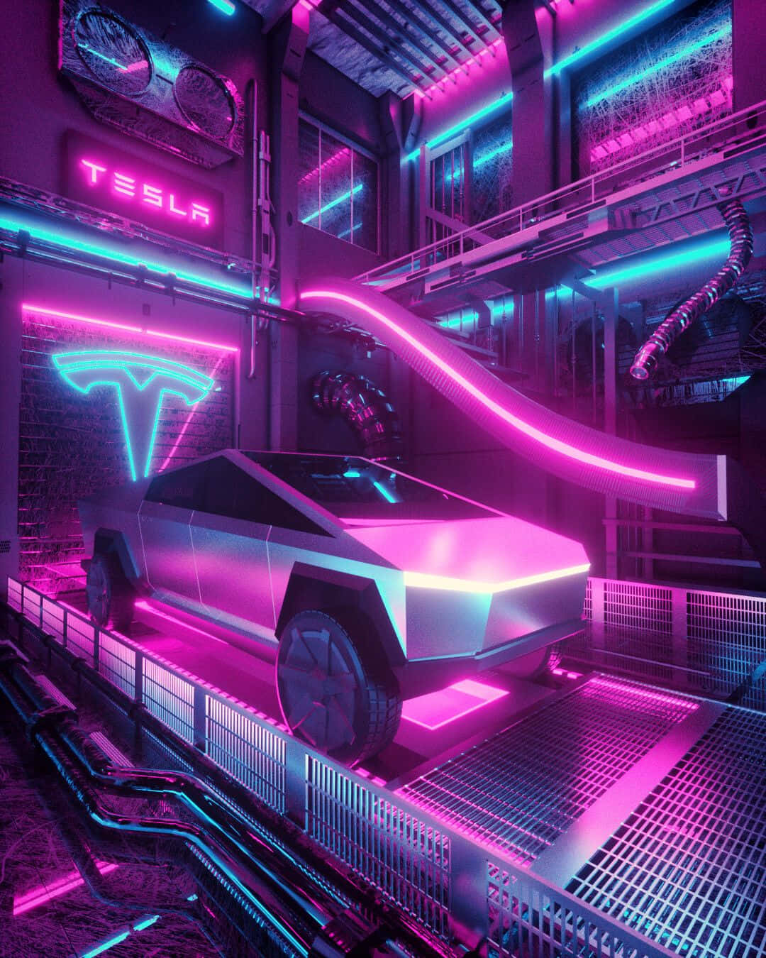 Cybertruck 桌布 壁紙 — 一輛未來感十足的Tesla Cybertruck在霓虹粉紅和青色燈光下閃耀，位於高科技工業設施內。