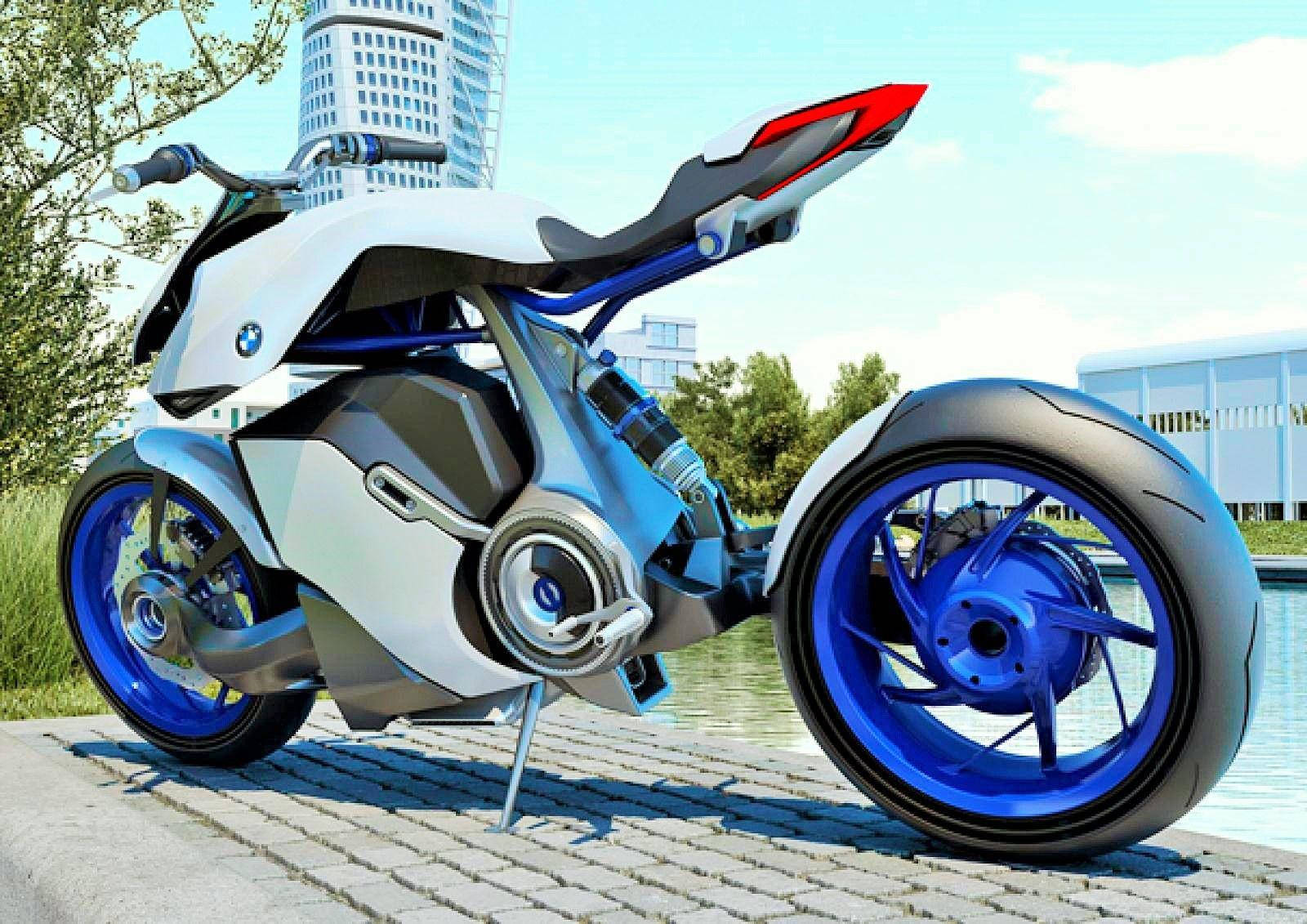 機車 桌布 壁紙 — 一輛未來感十足的白藍色BMW摩托車，外露機械結構，停放在水邊的鵝卵石小徑上，背景是現代建築。