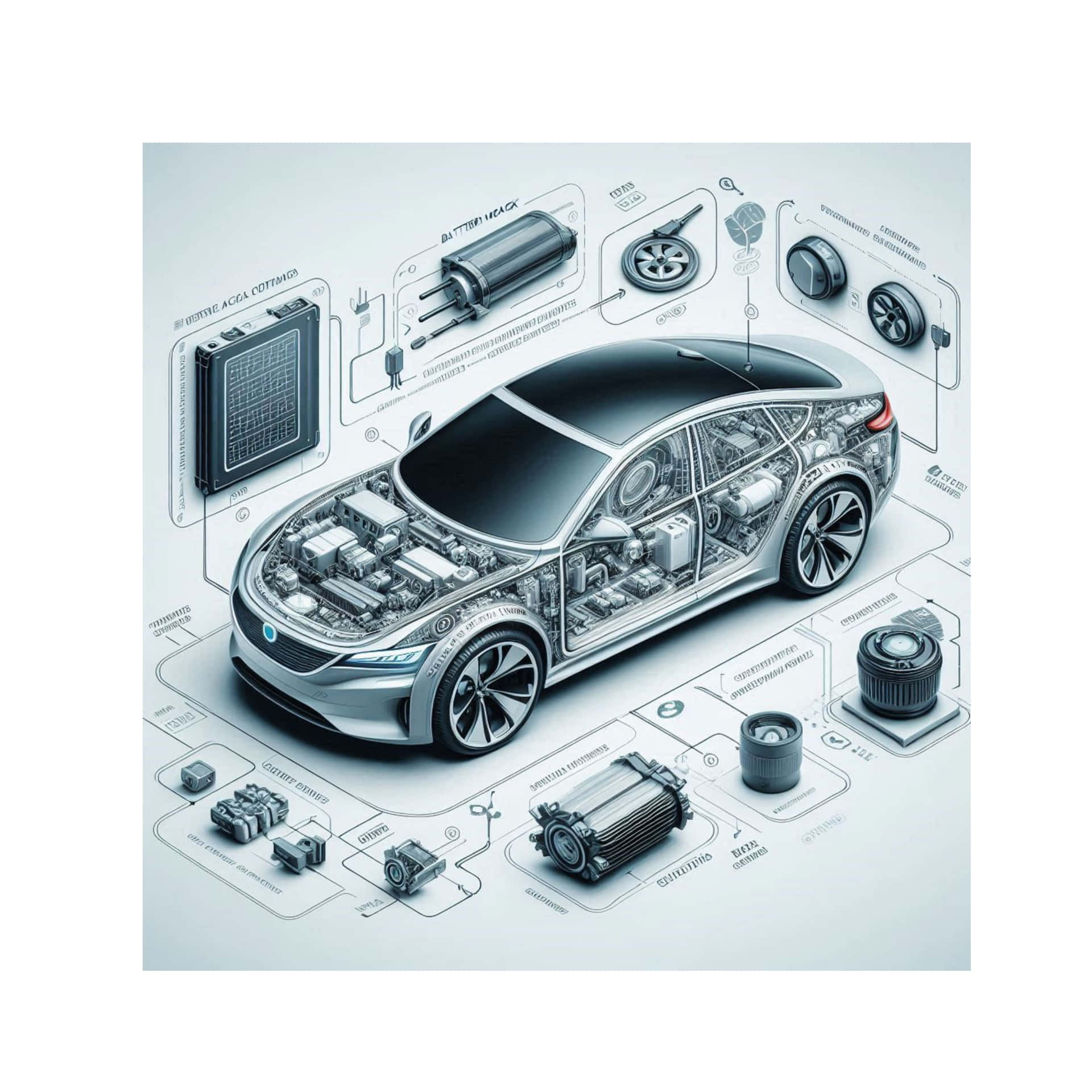 diagrammatic drawing  - diagrammatic electric car drawing6 壁紙 — 一輛未來感十足的銀色電動車，透明車身揭示內部複雜組件及標籤零件漂浮於周圍。