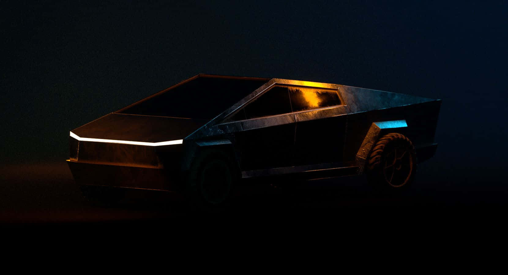 Tesla Cybertruck 桌布 壁紙 — 一輛未來感十足的黑色 Tesla Cybertruck 在黑暗的攝影棚背景下散發著霓虹光芒。
