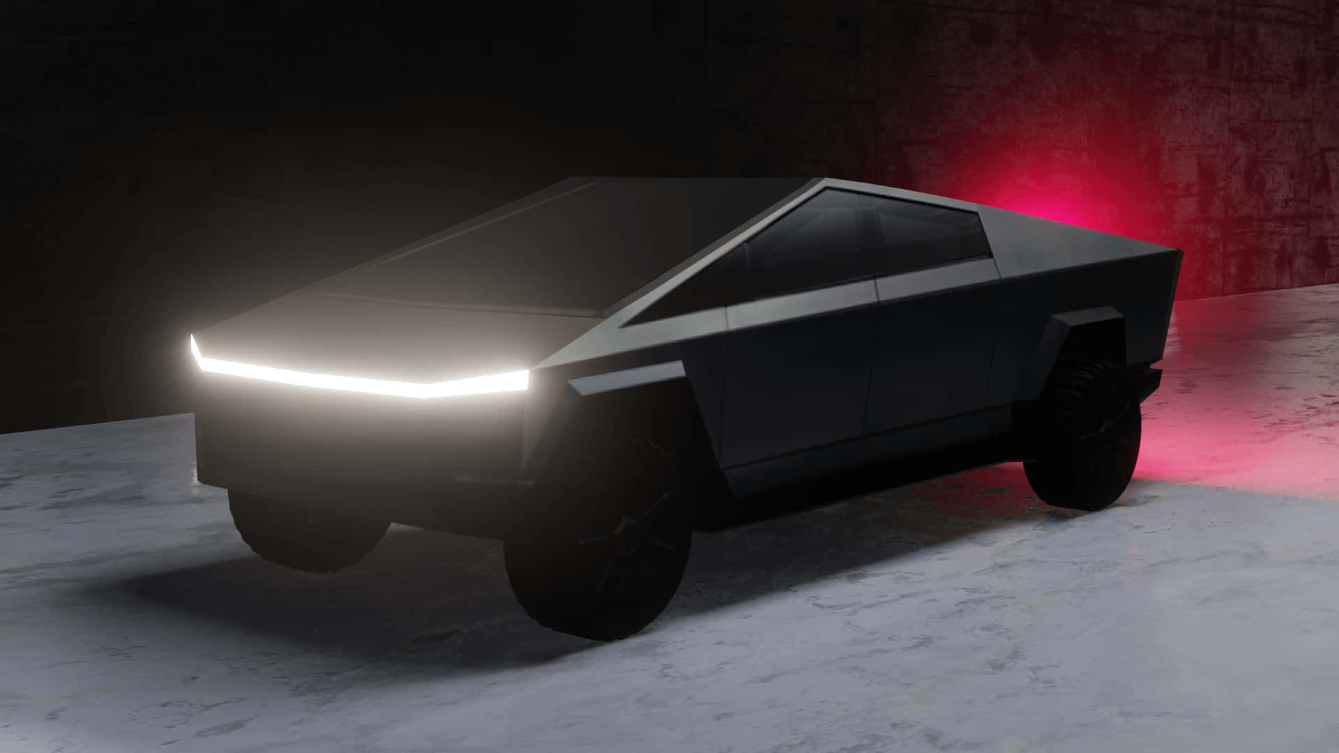 Tesla Cybertruck 桌布 壁紙 — 一輛未來感十足的黑色 Tesla Cybertruck，配備發光車頭燈和紅色氛圍燈，停在昏暗的工業車庫中。