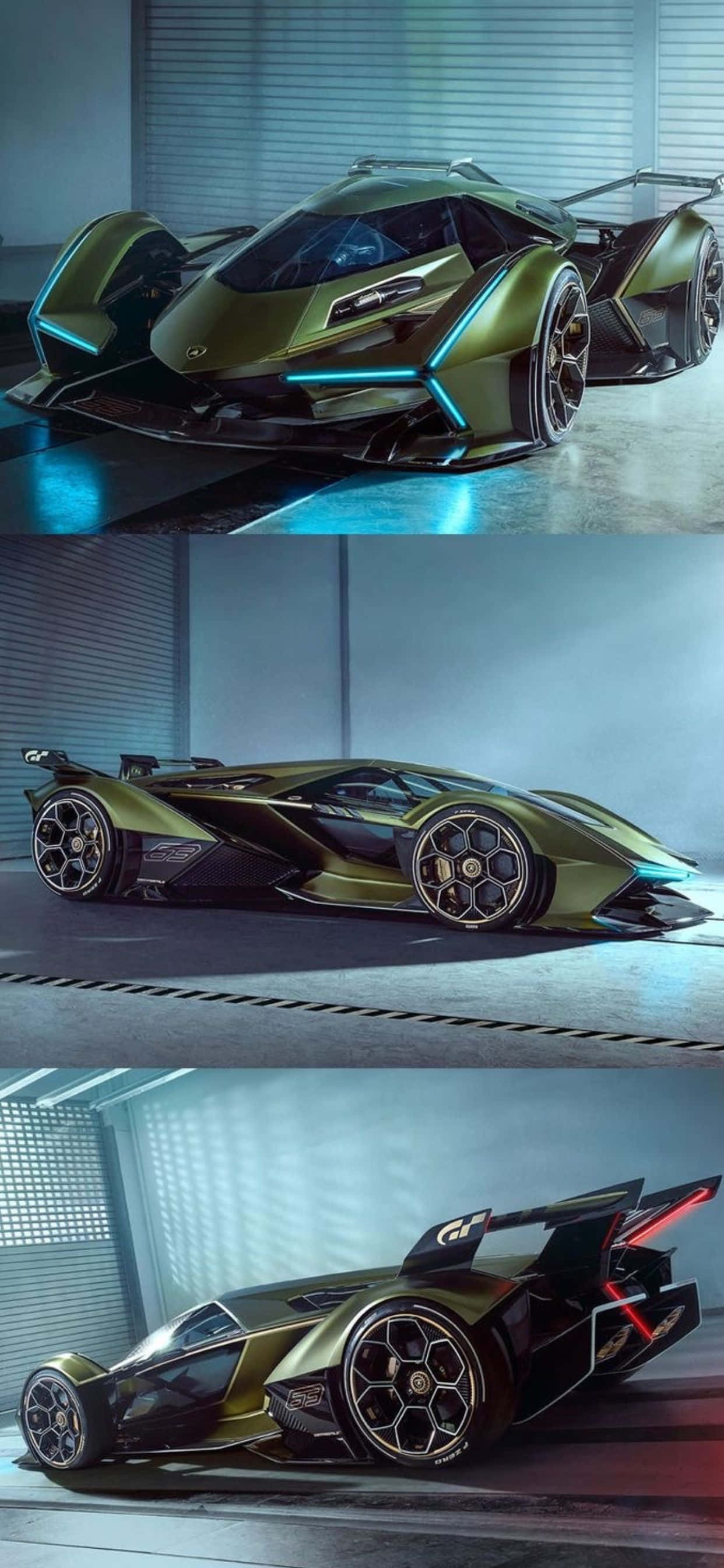 Lamborghini Phone 桌布 壁紙 — 一輛未來感的橄欖綠色超跑，帶有發光的藍色點綴，在時尚的工業車庫中以三個動態角度展示。