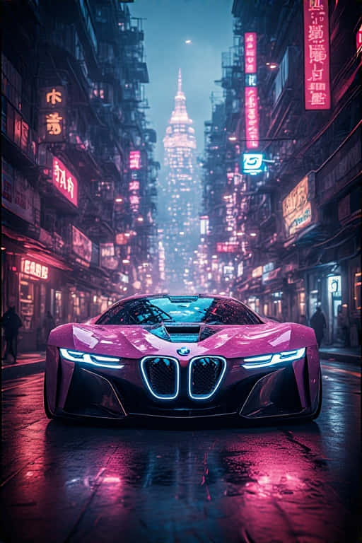 Futuristic BMW Concept Car on Neon-Lit Cyberpunk Street 壁紙 — 一輛未來感的粉紅色寶馬跑車在霓虹燈下閃耀，位於通往高聳摩天大樓的濕漉漉的賽博朋克街道上。