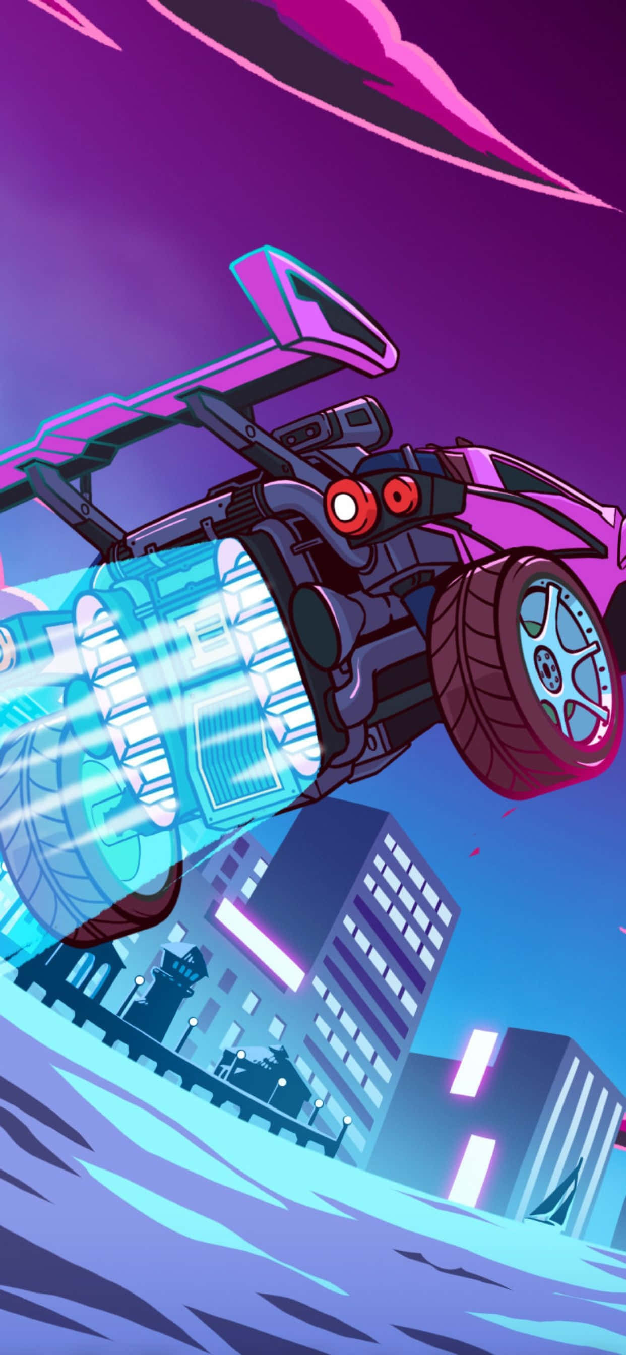 iPhone Xs Max Rocket League 桌布 壁紙 — 一輛未來感的粉紅色賽車，帶有發光的藍色推進器，在夜晚霓虹燈閃爍的城市景觀上空翱翔。