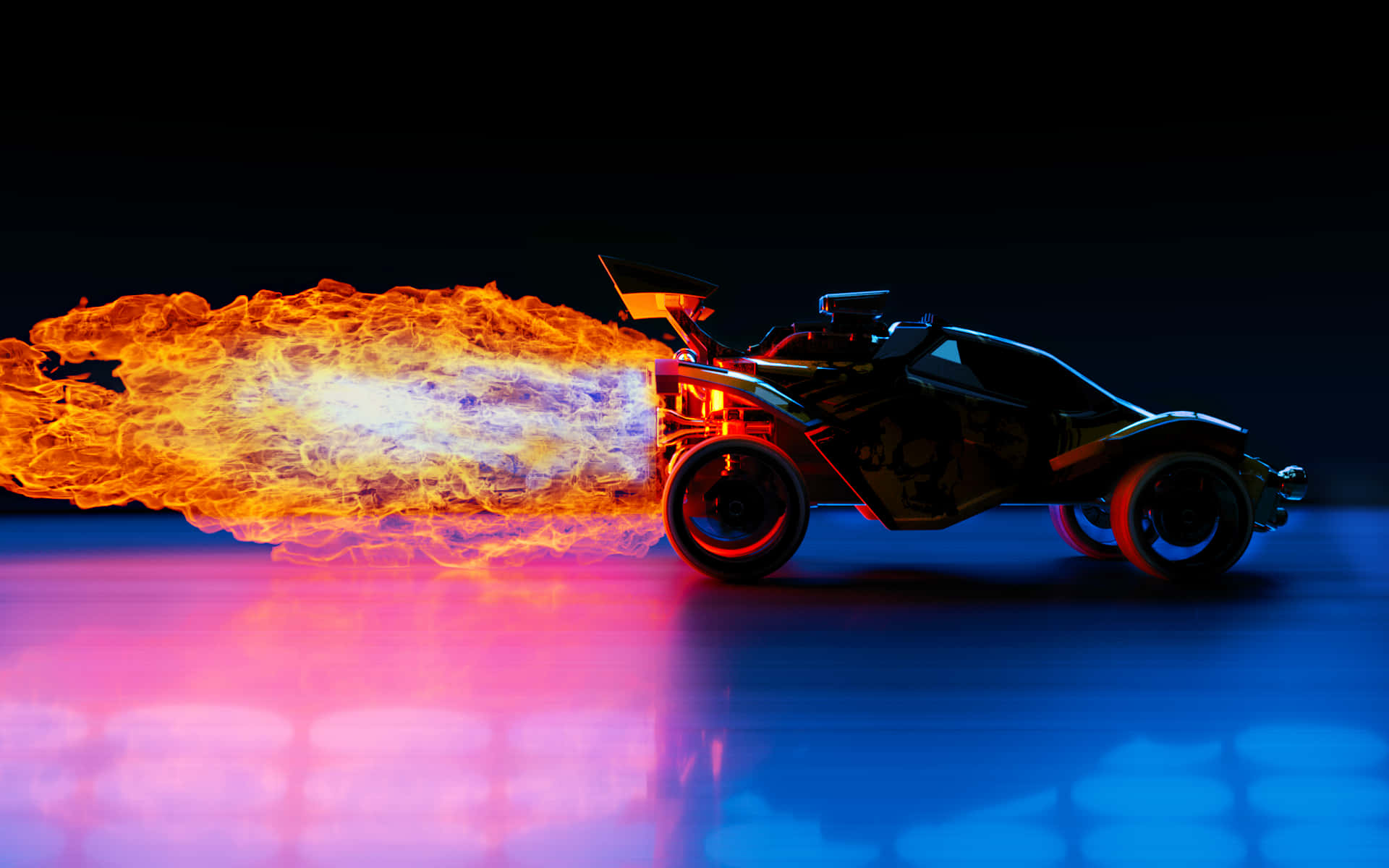 Rocket League Art 桌布 壁紙 — 一輛未來感的黑色跑車，帶有發光的紅色輪胎，噴出熾熱的橙色排氣，背景黑暗，地面反射出霓虹藍和粉紅色的光芒。