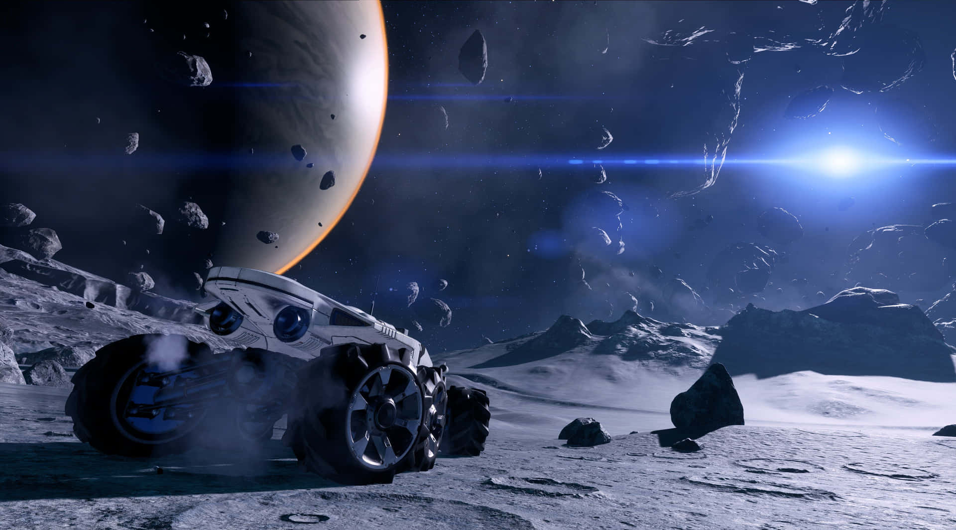 小行星表面的未來風格探測車，背景有行星和星星 — Ps4 壁紙