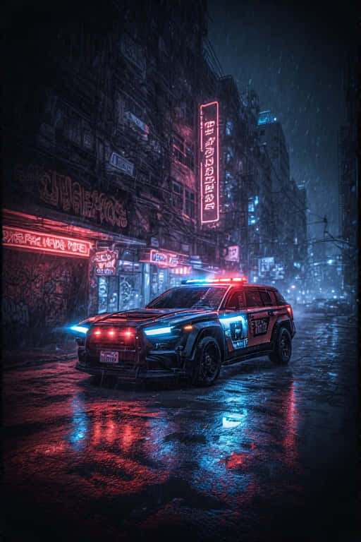 Futuristic Police Car Patrol in Neon City 4K 壁紙 — 一輛未來風格的警用SUV，閃爍著藍色和紅色的燈光，在夜晚行駛於雨水浸濕、霓虹燈閃爍的城市小巷中。