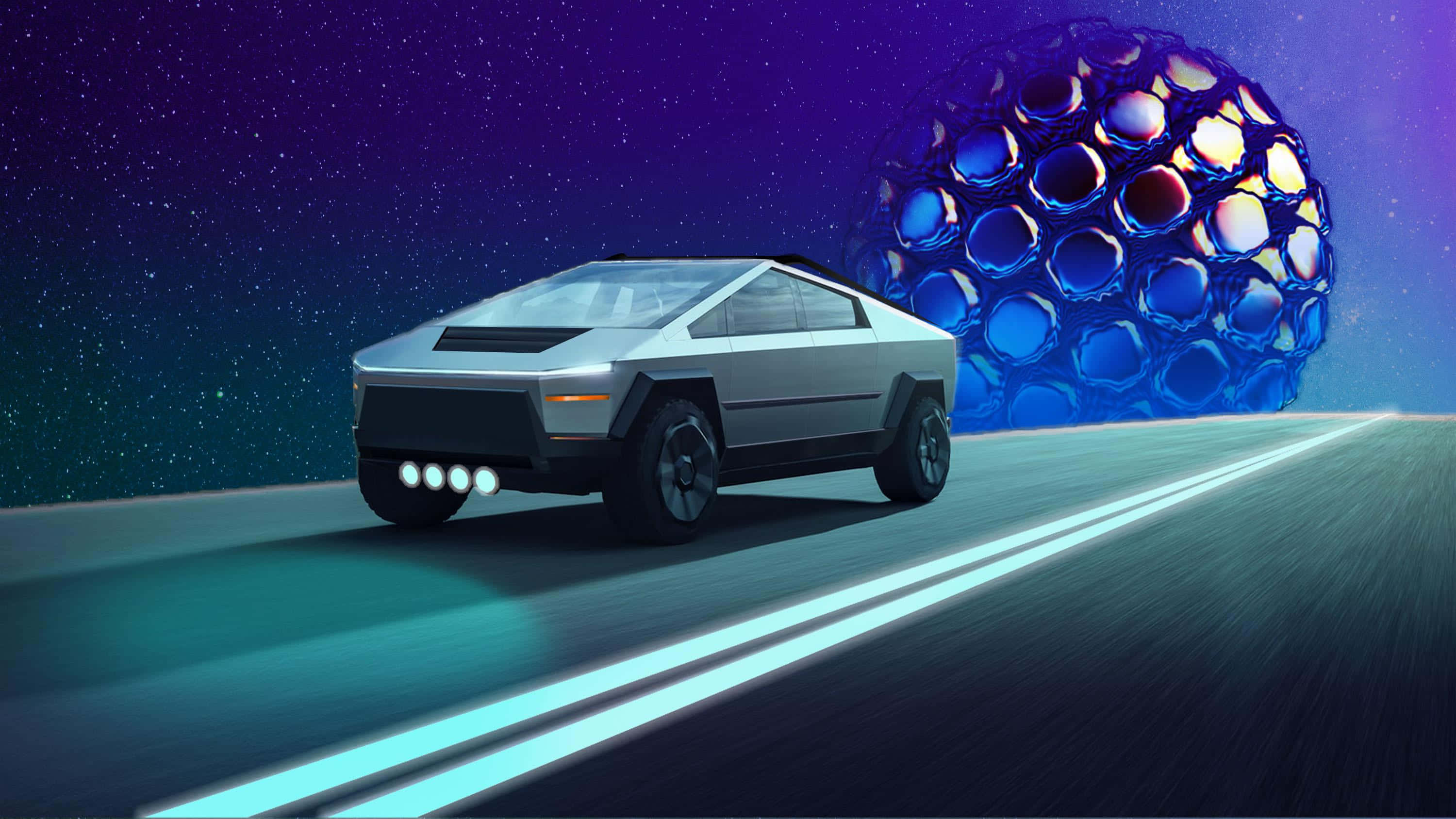 Tesla Cybertruck 桌布 壁紙 — 一輛未來風格的銀色卡車在星光燦爛的紫色天空下，行駛在一條發光的道路上，附近有一個巨大的藍色泡泡狀球體。