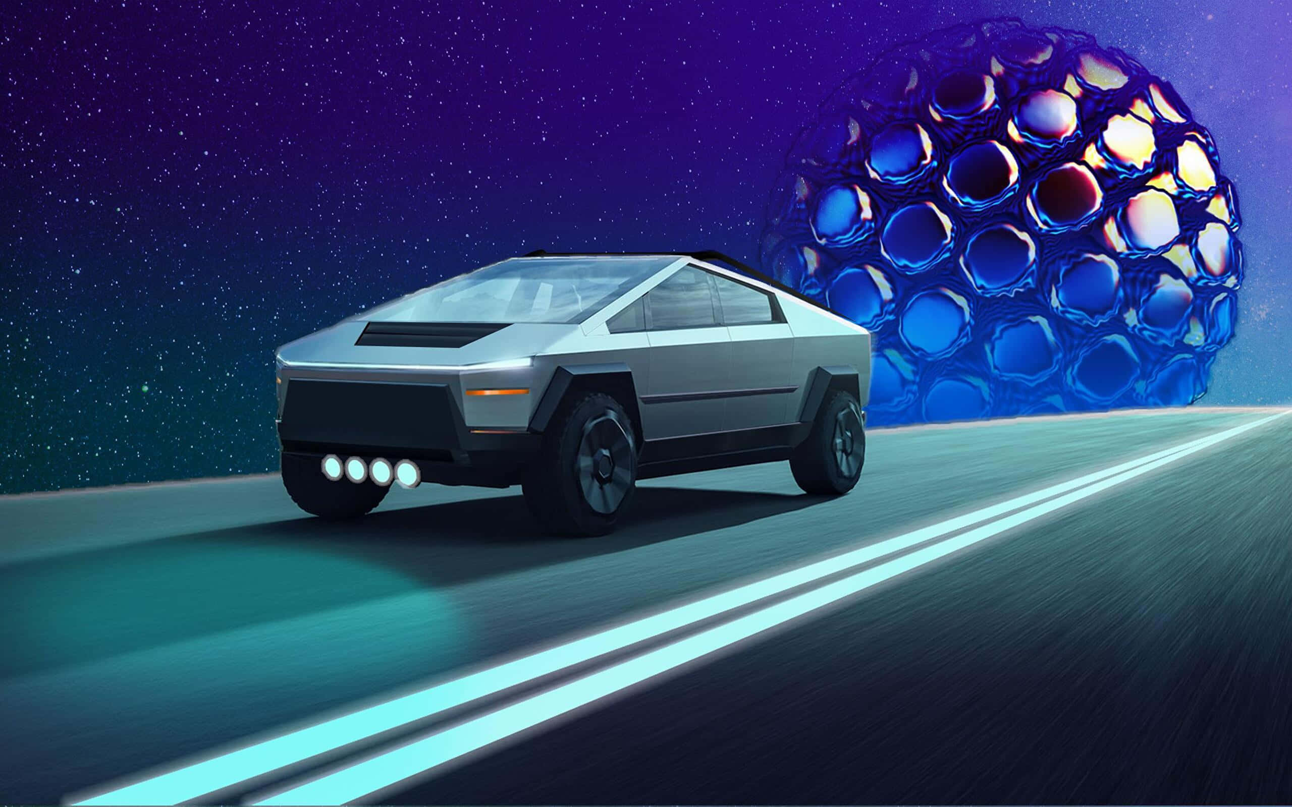 Cybertruck 桌布 壁紙 — 一輛未來風格的銀色卡車在星光燦爛的紫色天空下，行駛在一條發光的道路上，旁邊是一個巨大的藍色泡泡結構。