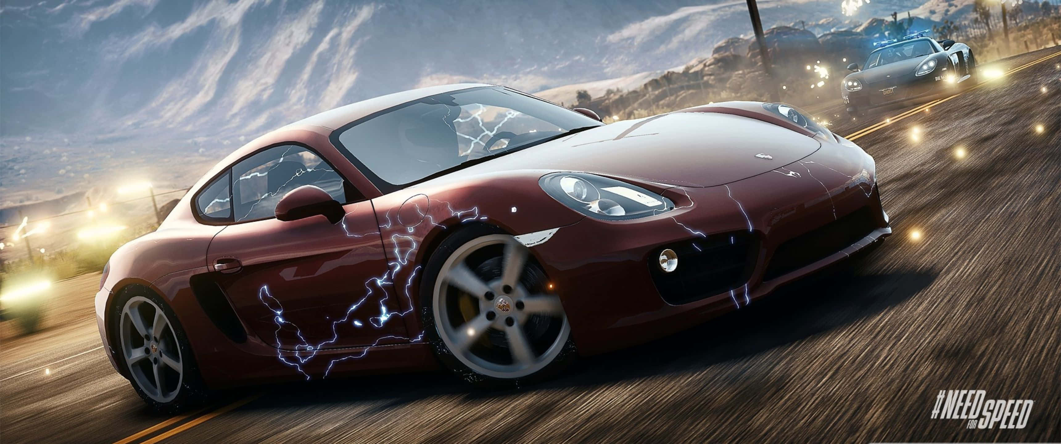 3440x1440p Need For Speed 桌布 壁紙 — 一輛栗色跑車帶著電光藍色閃電，在黃昏時分沿著模糊的高速公路飛馳，車頭燈閃爍，遠處有競爭對手。