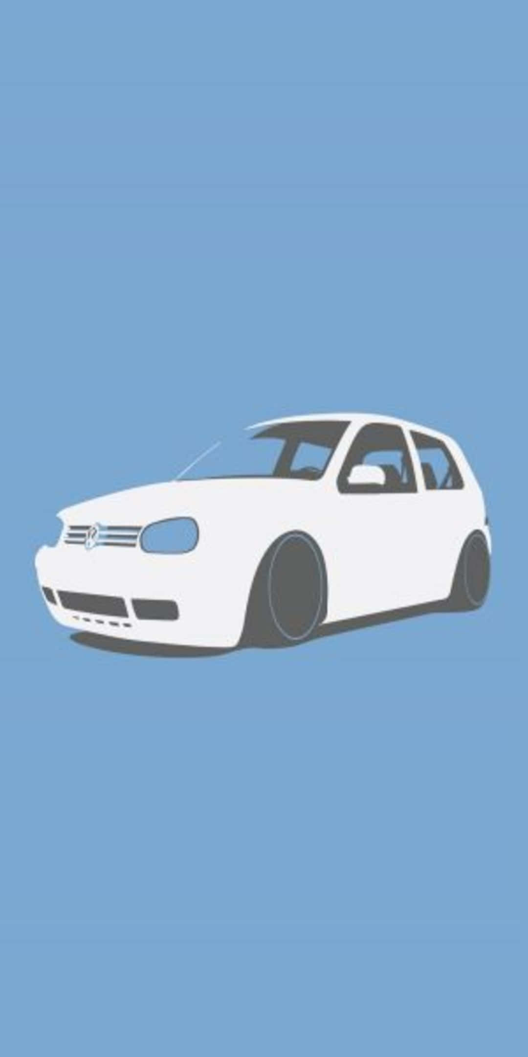 Pixel 3 Minimal 桌布 壁紙 — 一輛極簡風格的白色福斯掀背車，配備降低的懸吊系統，居中放置在純淺藍色背景上。