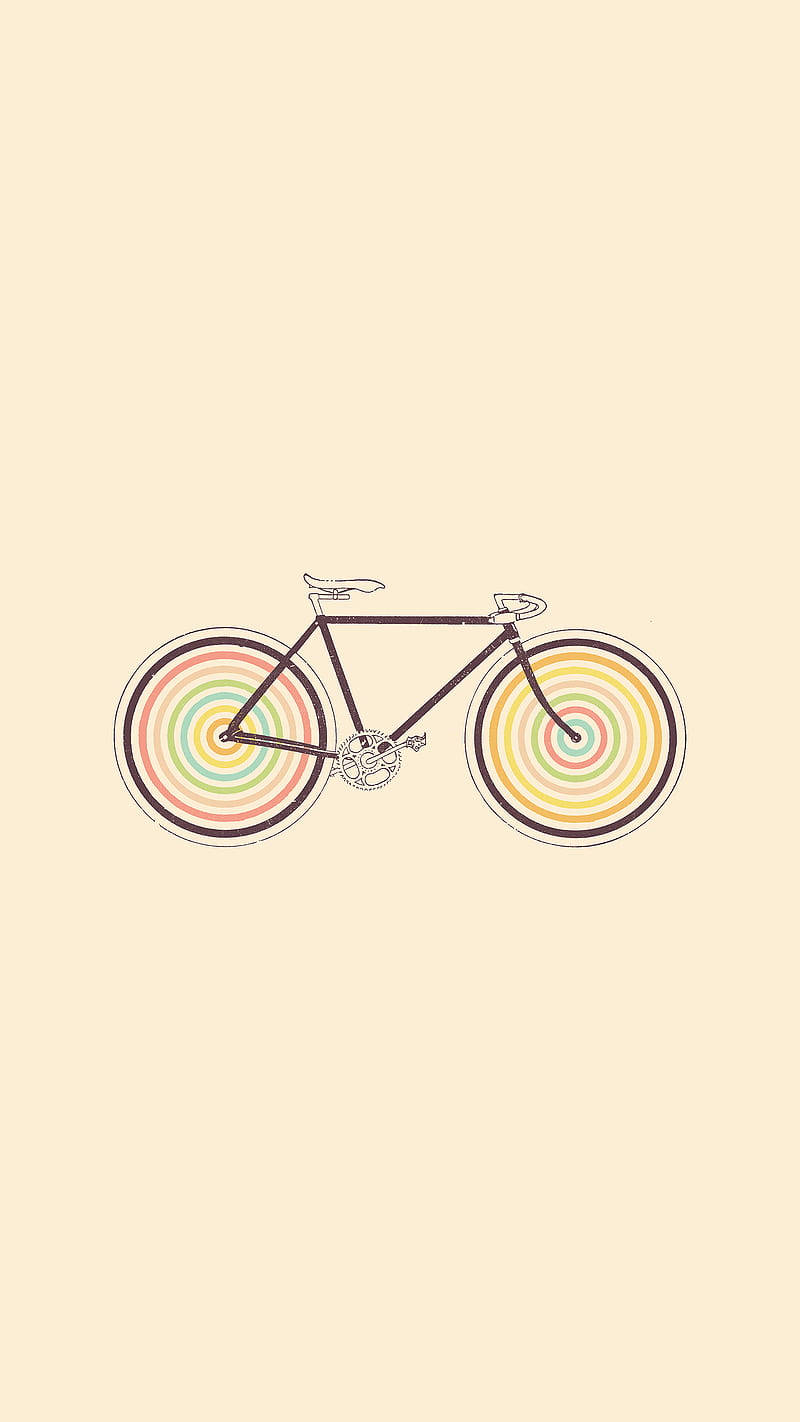 Vintage Minimalist 桌布 壁紙 — 一輛極簡風格的腳踏車，帶有彩虹同心輪，居中於柔和的米色背景上。