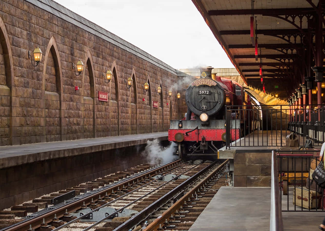 The Hogwarts Express Train 桌布 壁紙 — 一輛標有霍格華茲 5972 的蒸汽火車頭駛入一個帶有拱形牆壁和懸掛燈籠的宏偉石製月台。