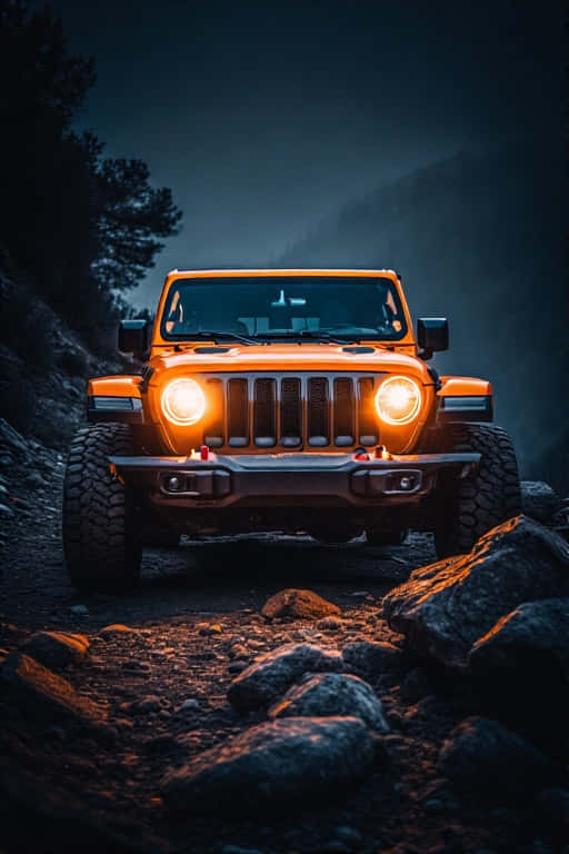 Jeep Wrangler illuminating a rocky trail with its headlights at night. 壁紙 — 一輛橙色吉普車亮著車頭燈，在夜間沿著岩石山徑向前行駛。