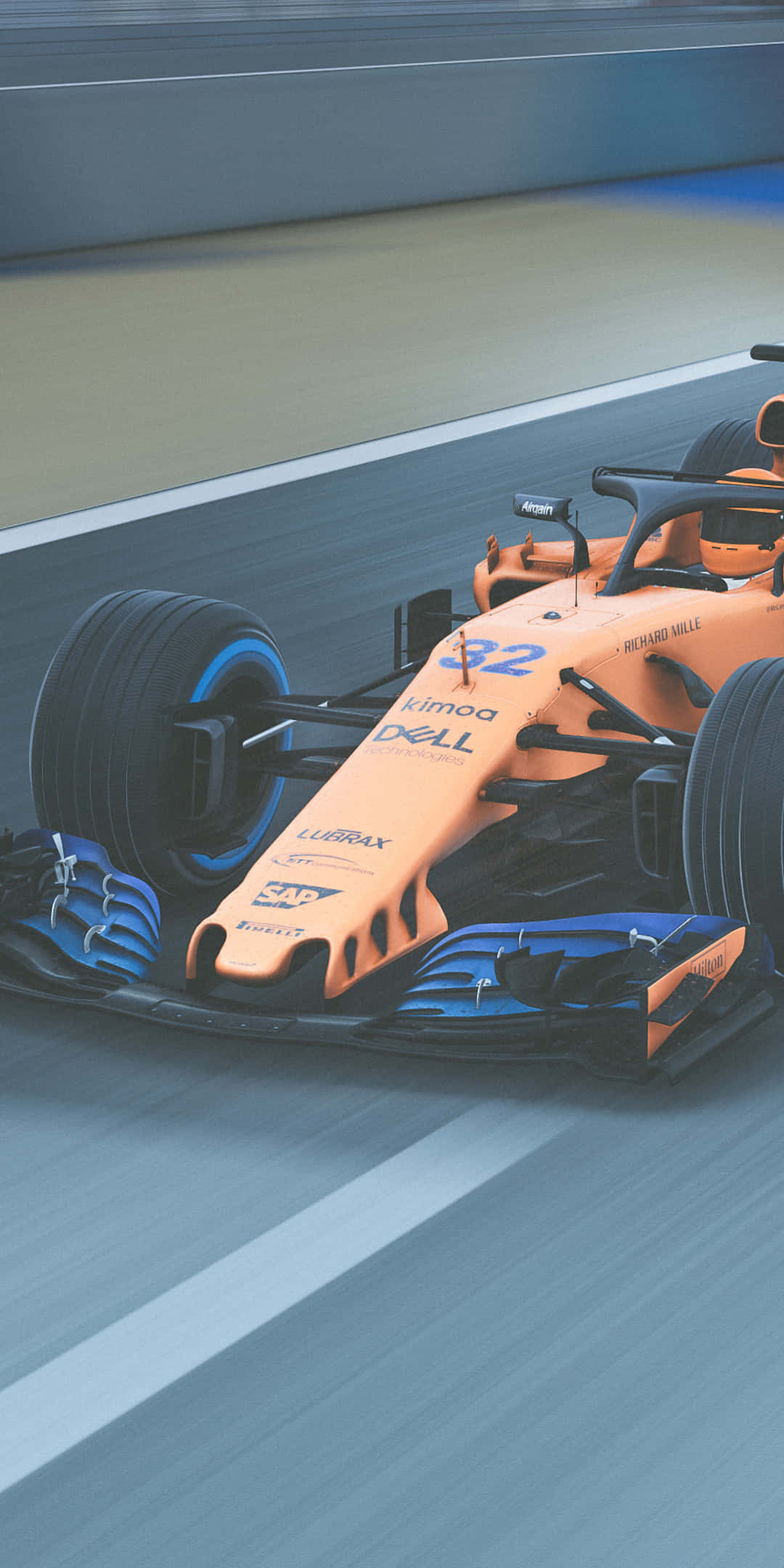 F1 桌布 壁紙 — 一輛橙色和藍色的F1賽車在賽道上疾馳，動態模糊強調高速。