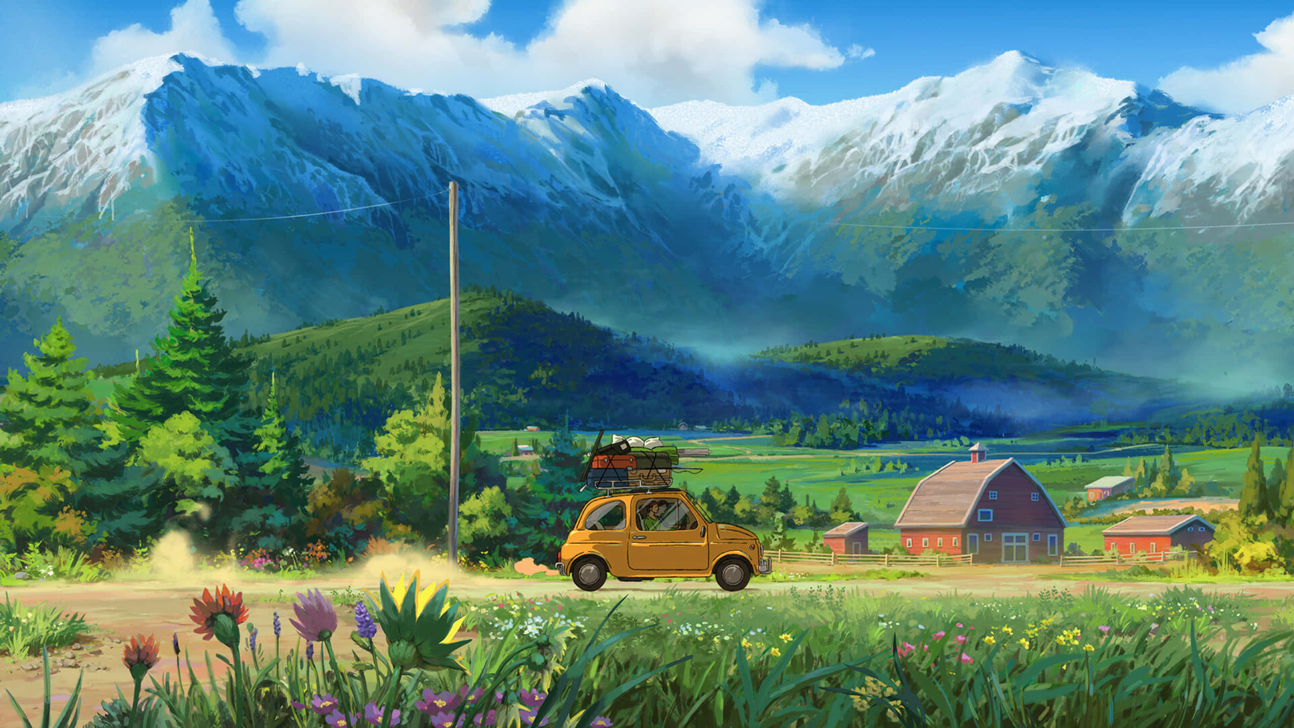 Mountain Landscape 桌布 壁紙 — 一輛歡快的黃色汽車駛過陽光明媚的草地，遠處有雪山和紅色穀倉。