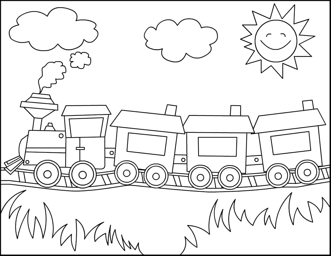 Cute Coloring 桌布 壁紙 — 一輛歡樂的卡通火車，帶有微笑的太陽和雲朵，在草地上方的軌道上行駛。
