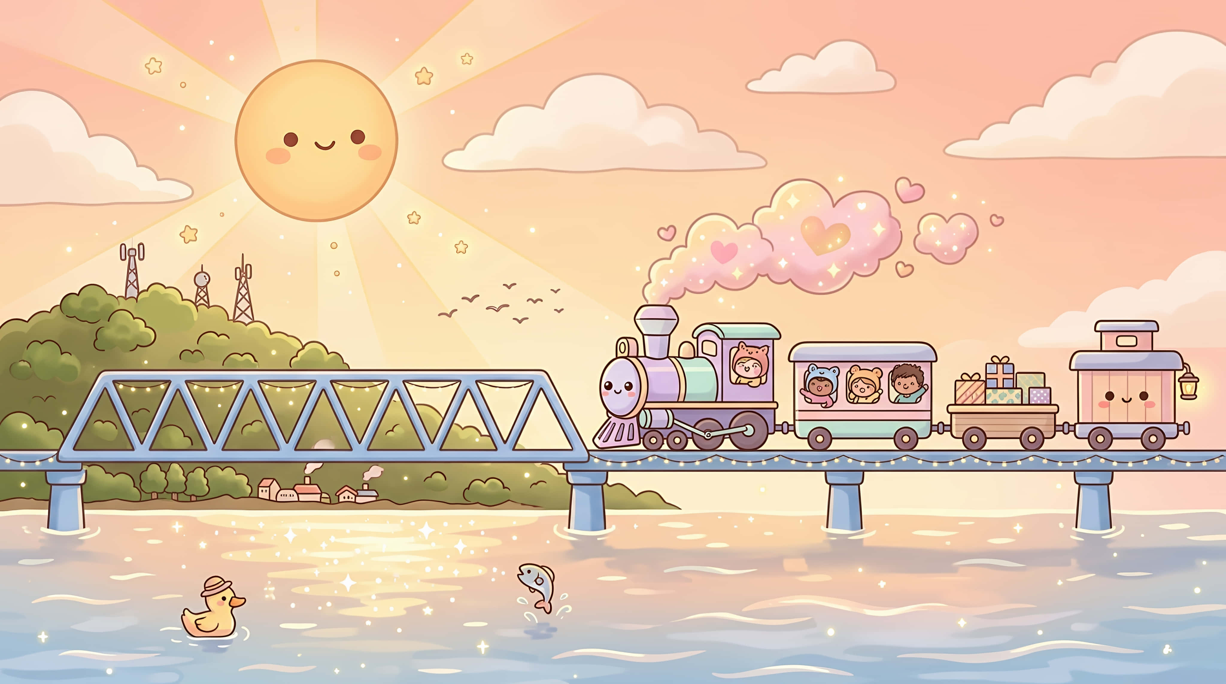 Sparkling Water 桌布 壁紙 — 一輛歡樂的卡通火車帶著笑臉，在溫暖的陽光和蓬鬆的雲朵下，越過一座橫跨閃爍水面的橋樑。